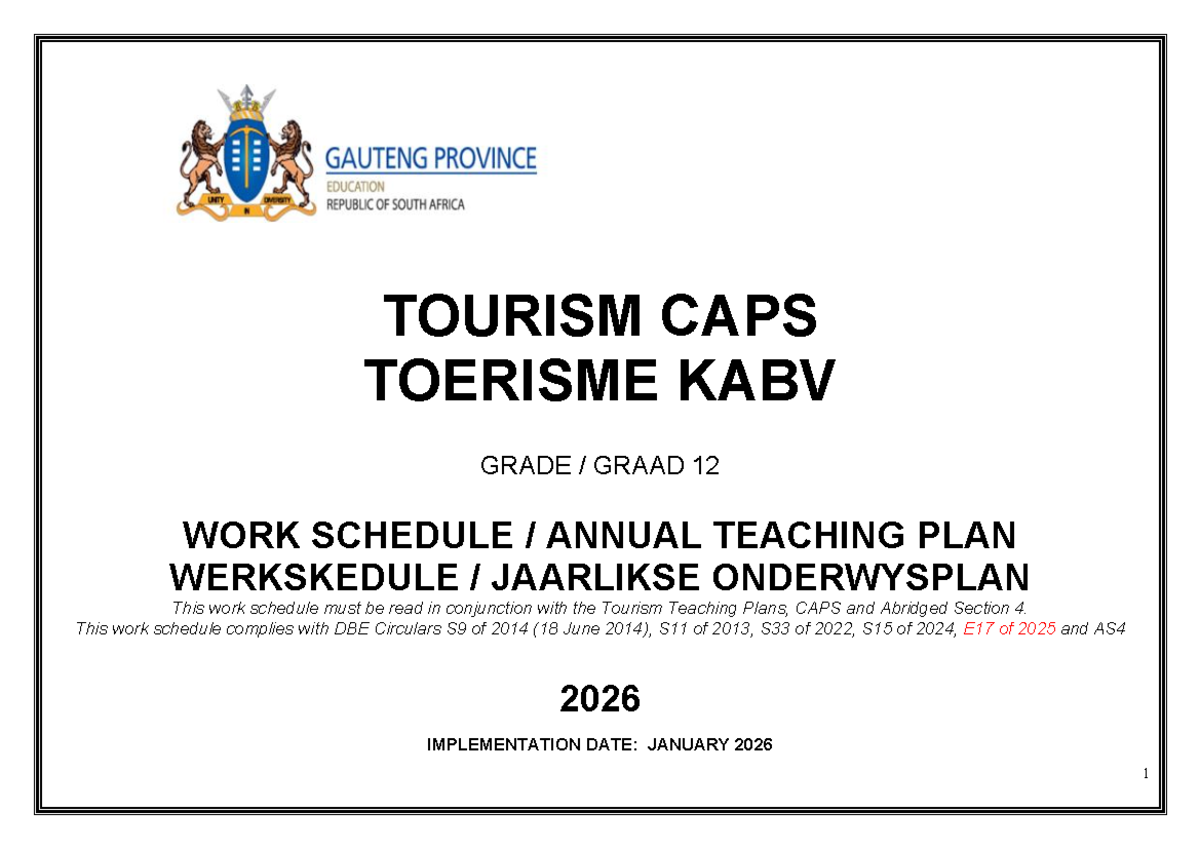 TOURISM CAPS GRADE 12 WORK SCHEDULE 2026: ANNUAL TEACHING PLAN - Studocu