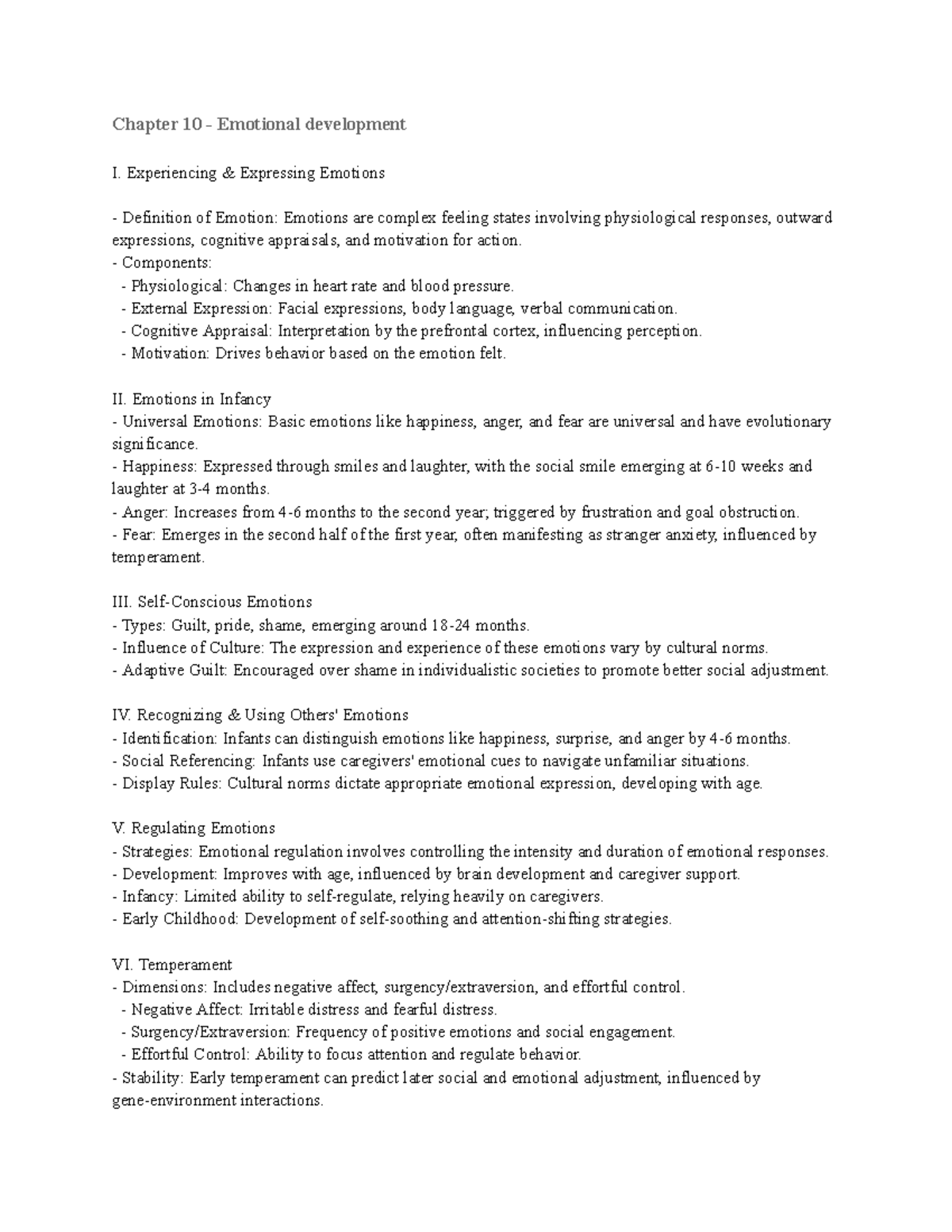 Final notes - Chapter 10 - Emotional development I. Experiencing ...