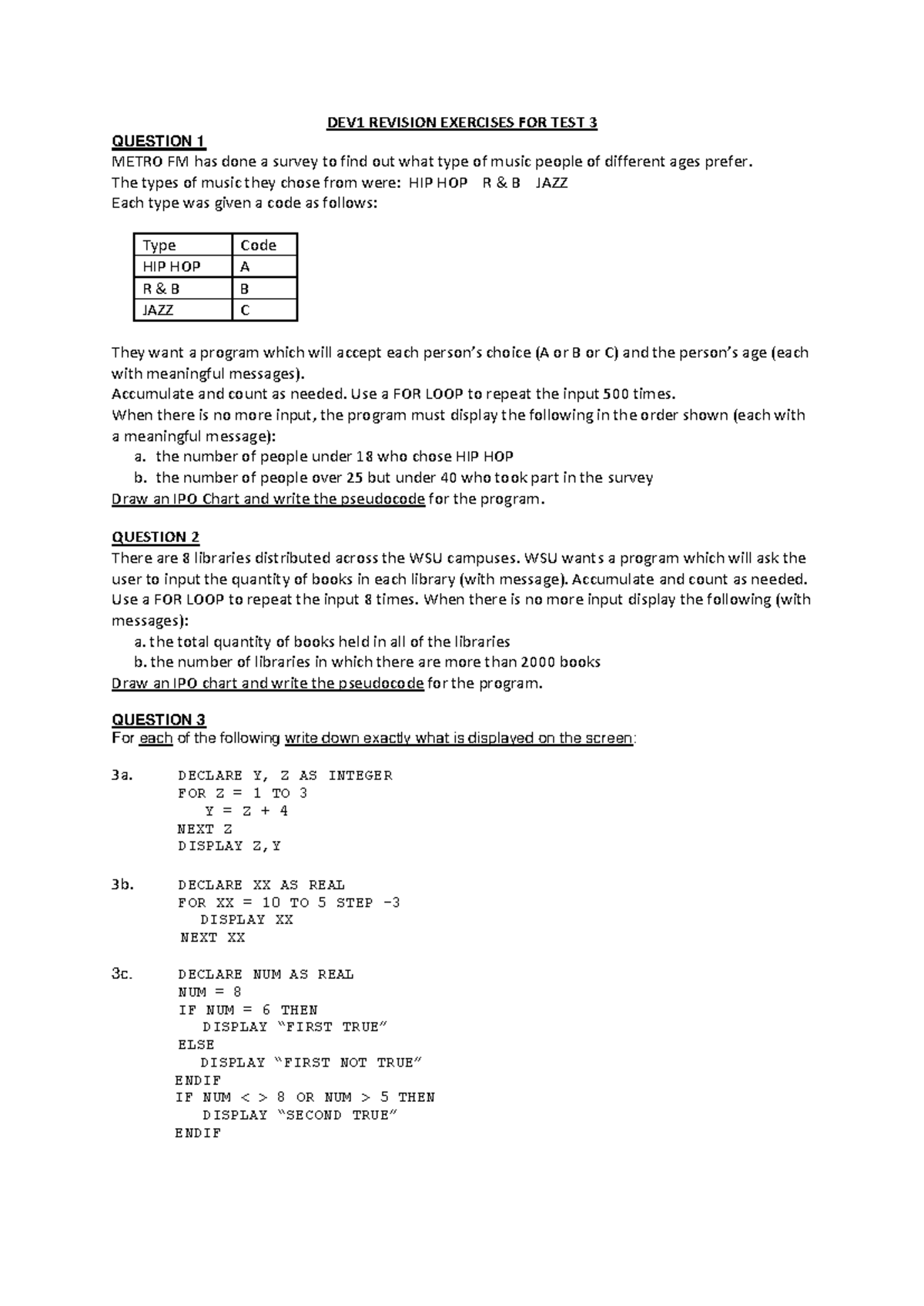 DEV1 2024 Revision Exercises for Test 3: Programming Challenges - Studocu