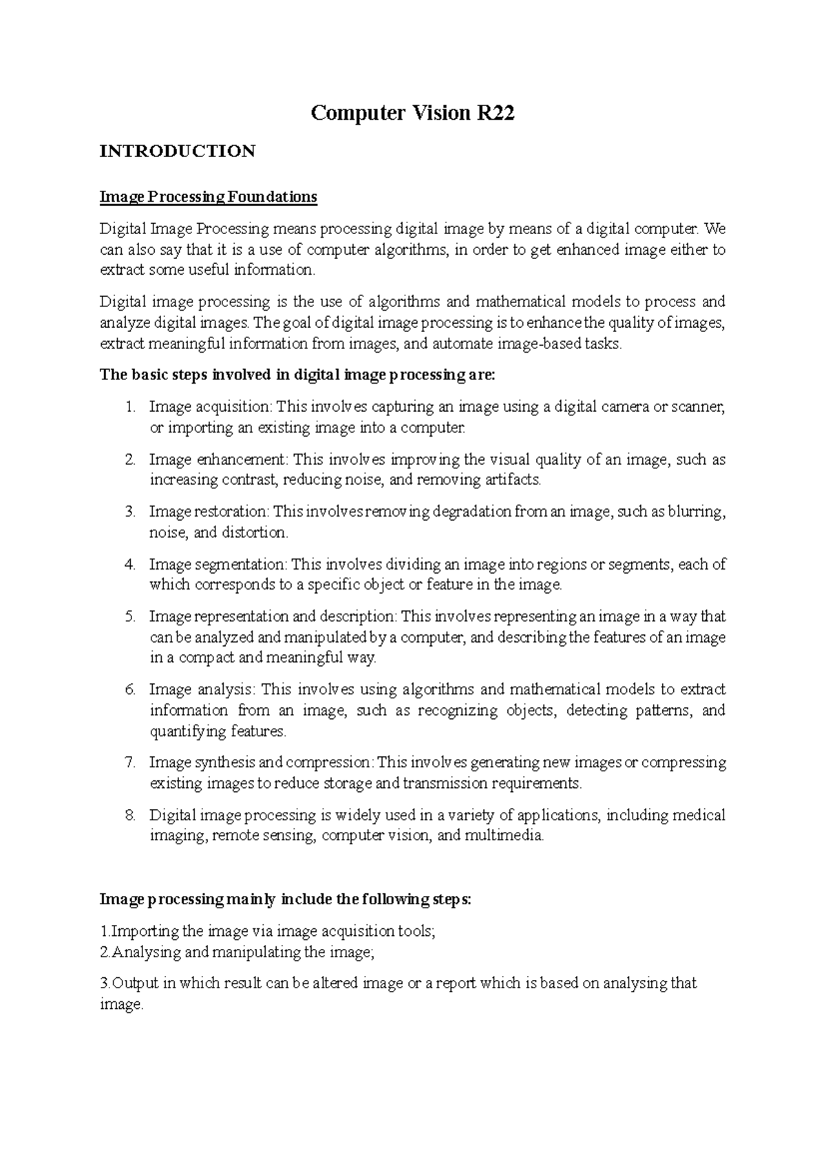 CV R22 Midterm Exam Notes: Foundations of Digital Image Processing ...