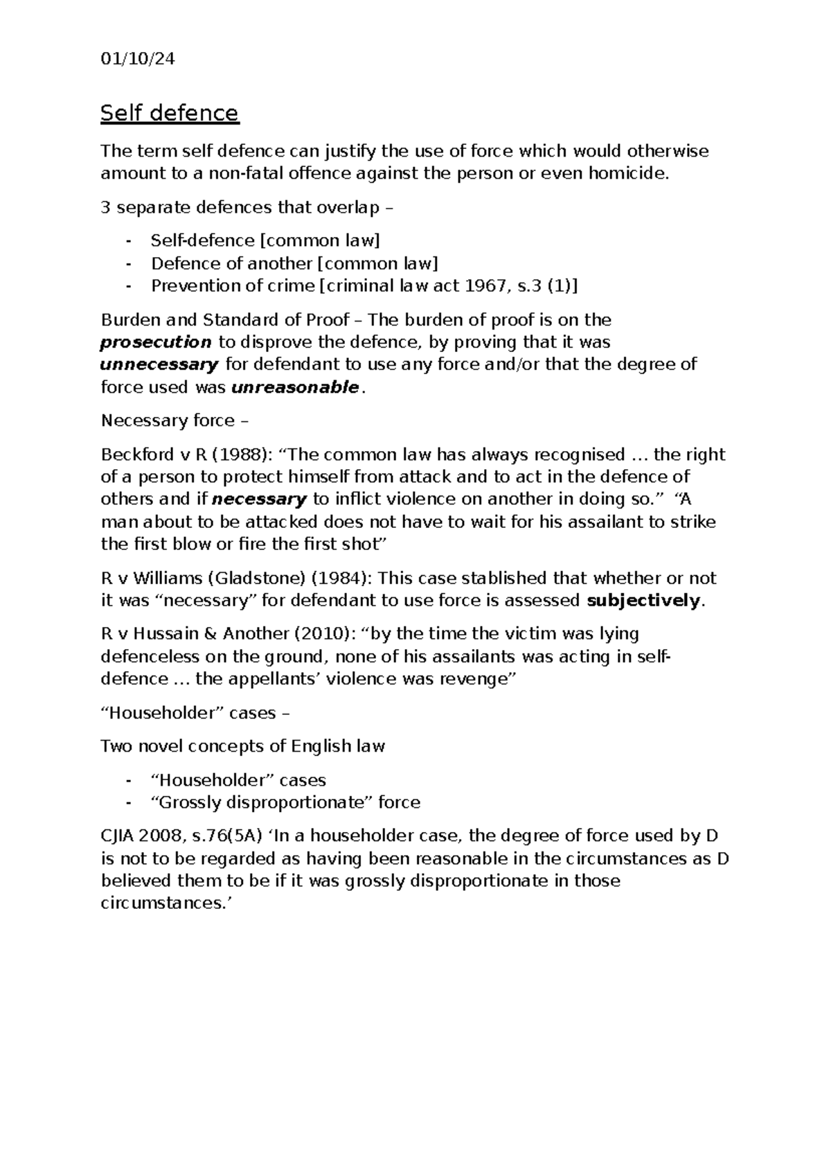 Self Defence - Lecture Notes on Legal Justifications and Cases - Studocu