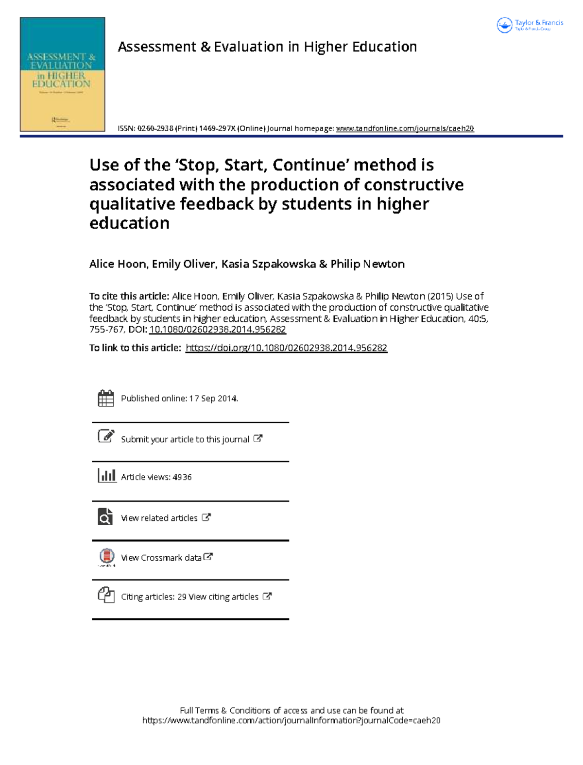 Use of Stop Start Continue Method for Constructive Student Feedback ...