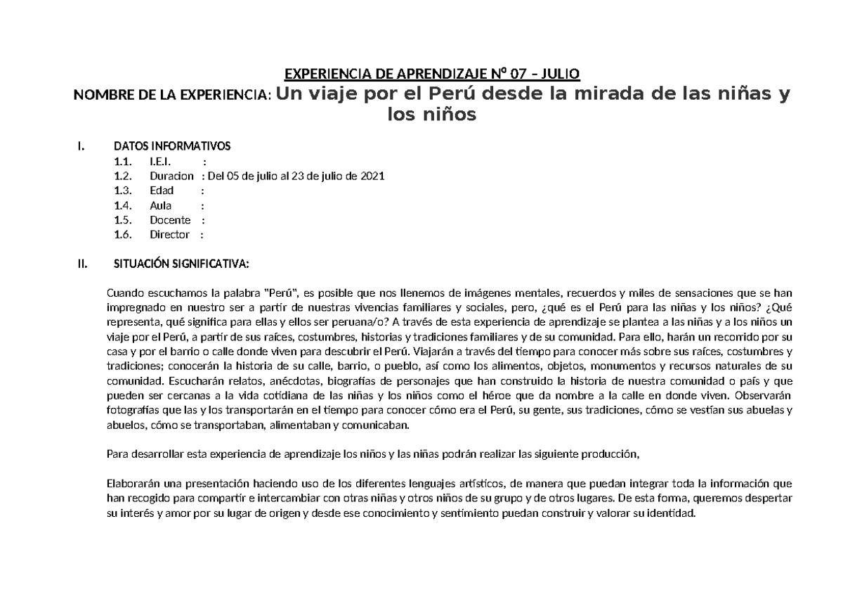 Ciclo II: Experiencia de Aprendizaje N°7 - Un Viaje por el Perú - Studocu