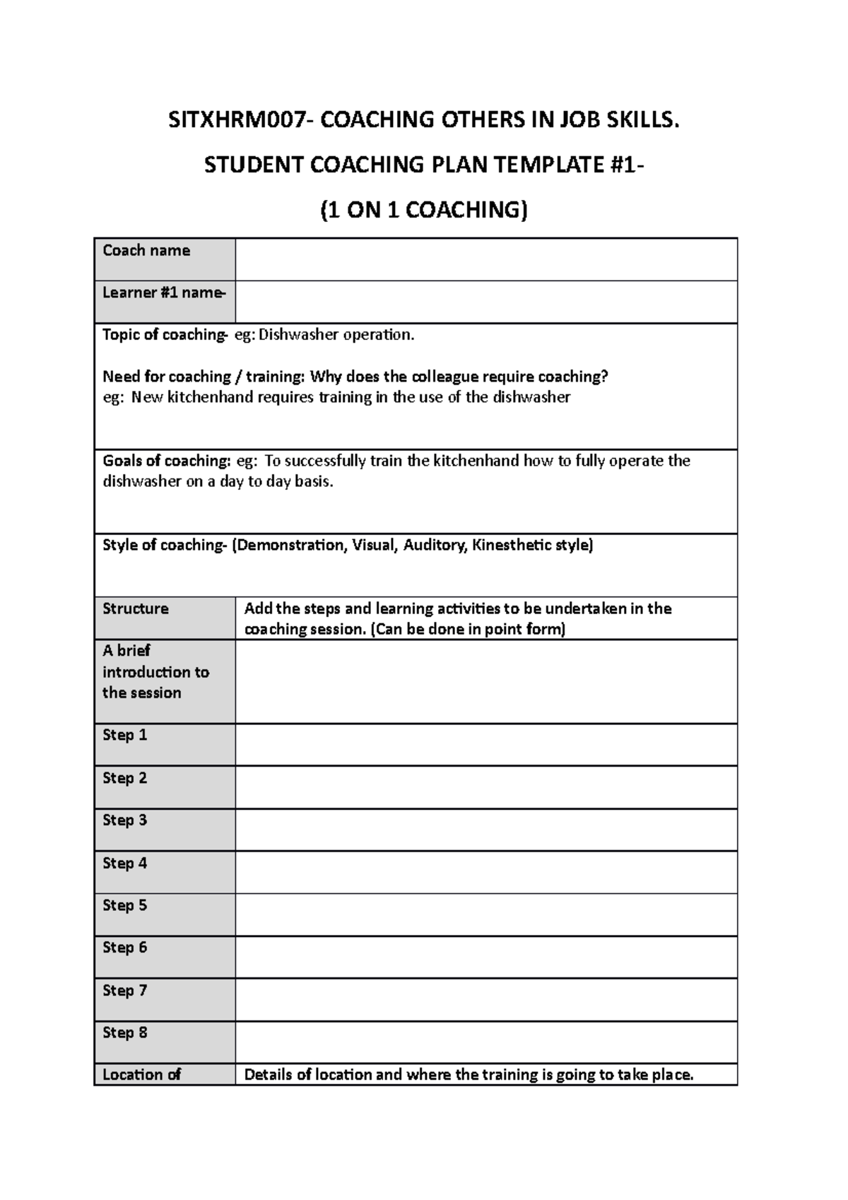 SITXHRM007 Coaching Plan Templates & Feedback Forms Guide - Studocu