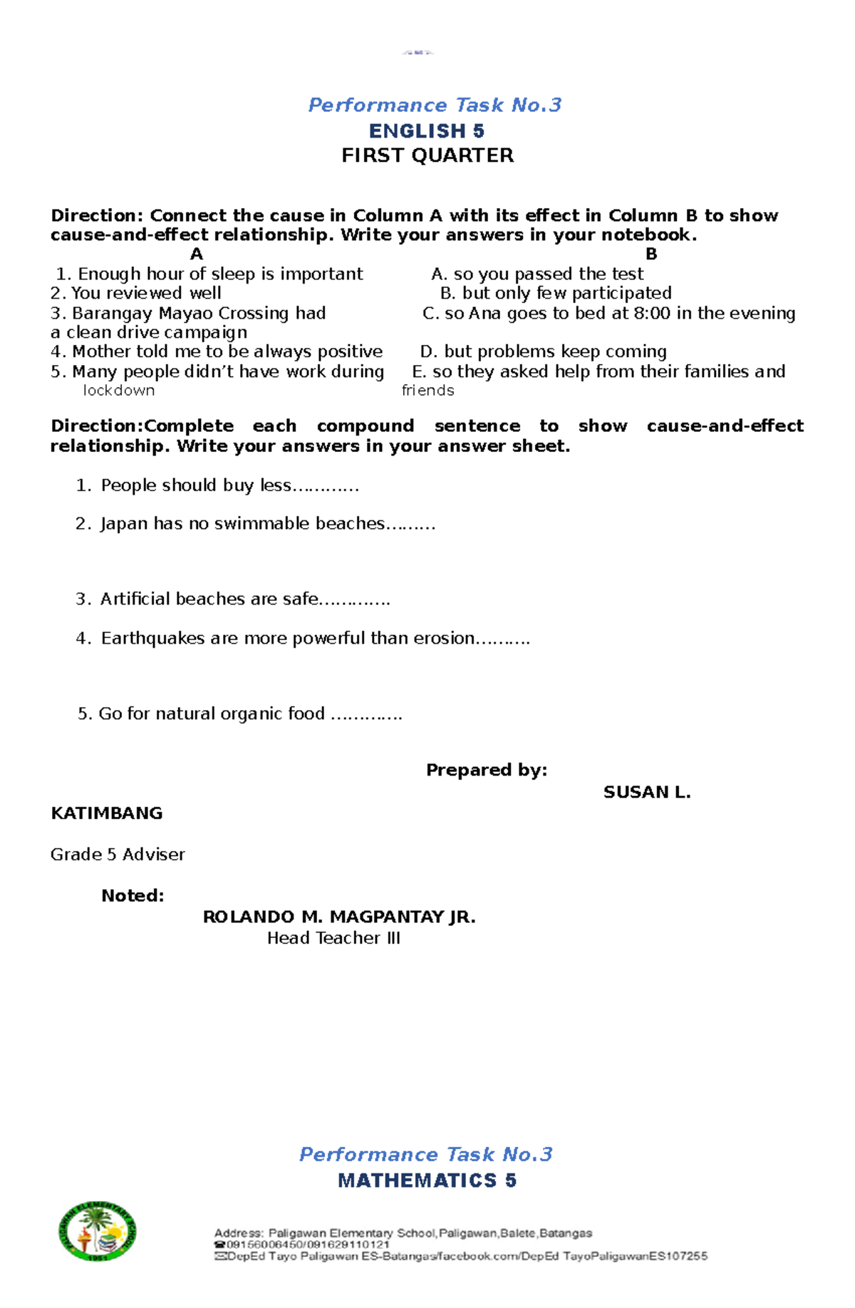 Performance Tasks for Grade 5 (ENGLISH, MATH, AP, SCIENCE, EPP, ARTS ...