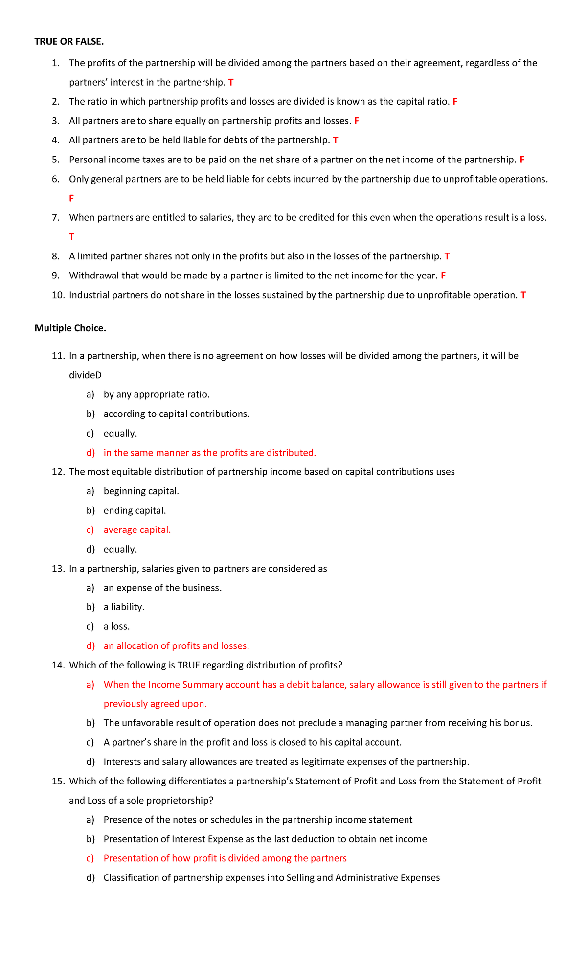 ACCCOB1 Practice Test: True or False & Multiple Choice on Partnerships ...