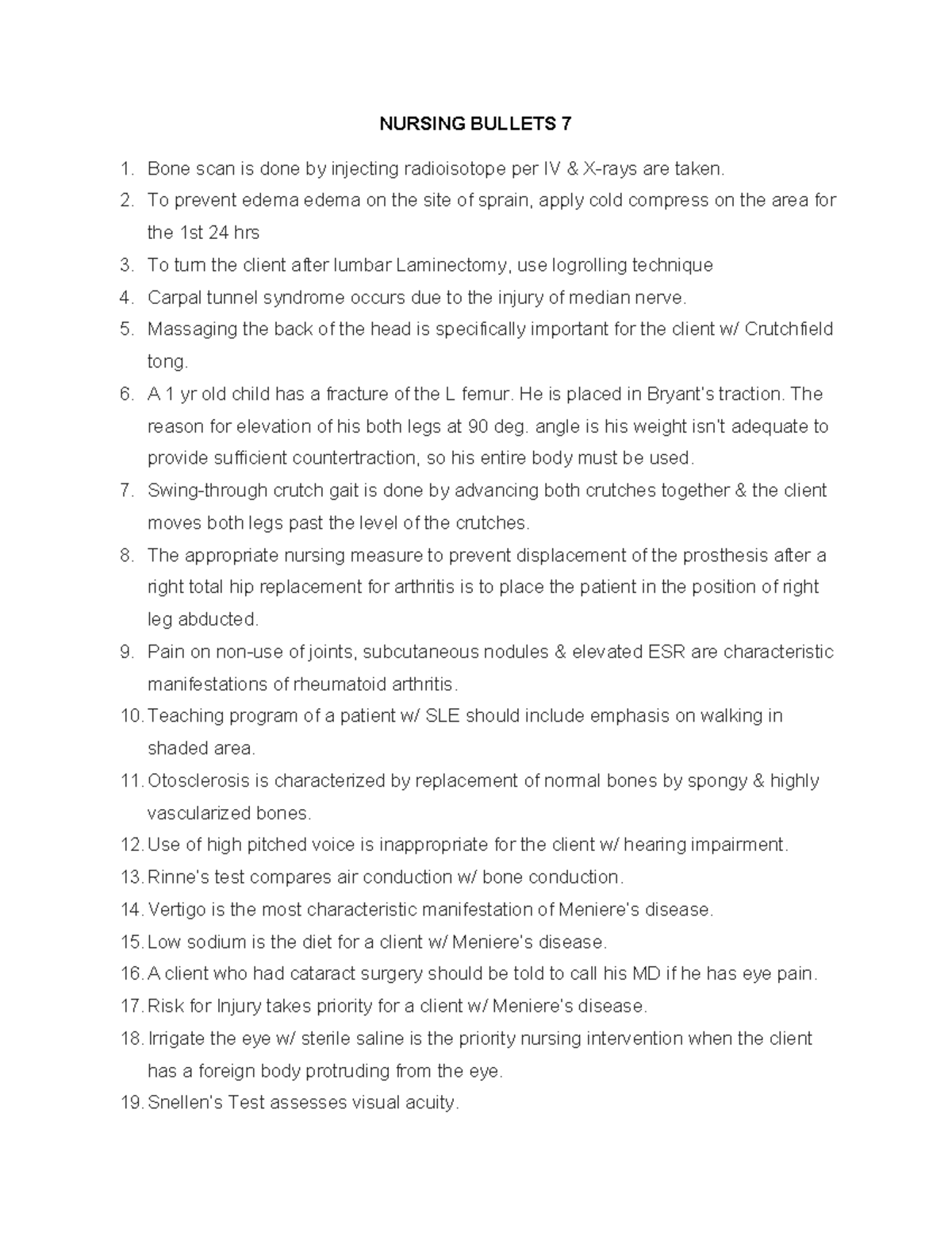 NURS 101: Nursing Bullets 7 - Key Concepts and Interventions - Studocu