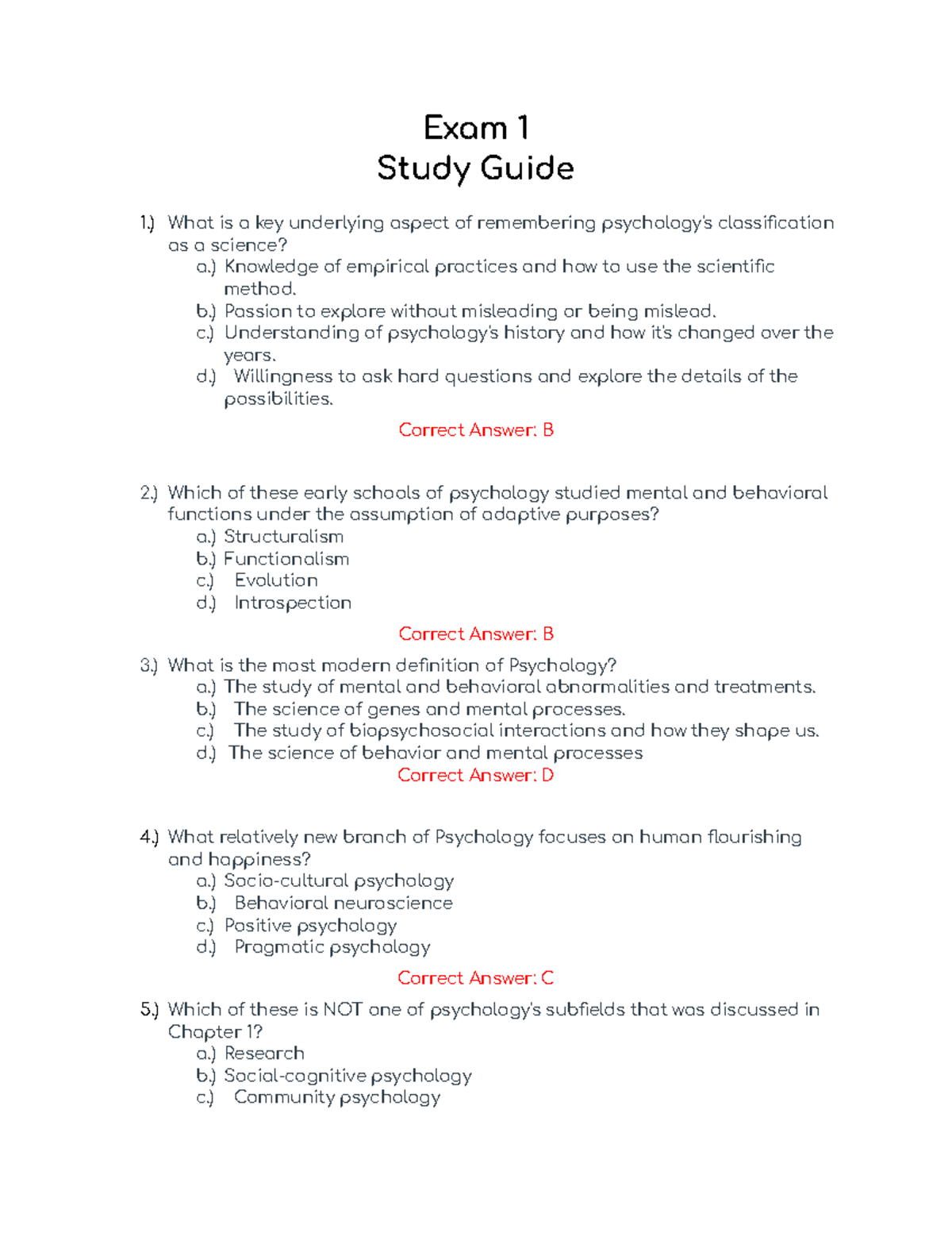 General Psychology Study Guide for PSY101 Exam 1 (Chapters 1, 2, 7 ...
