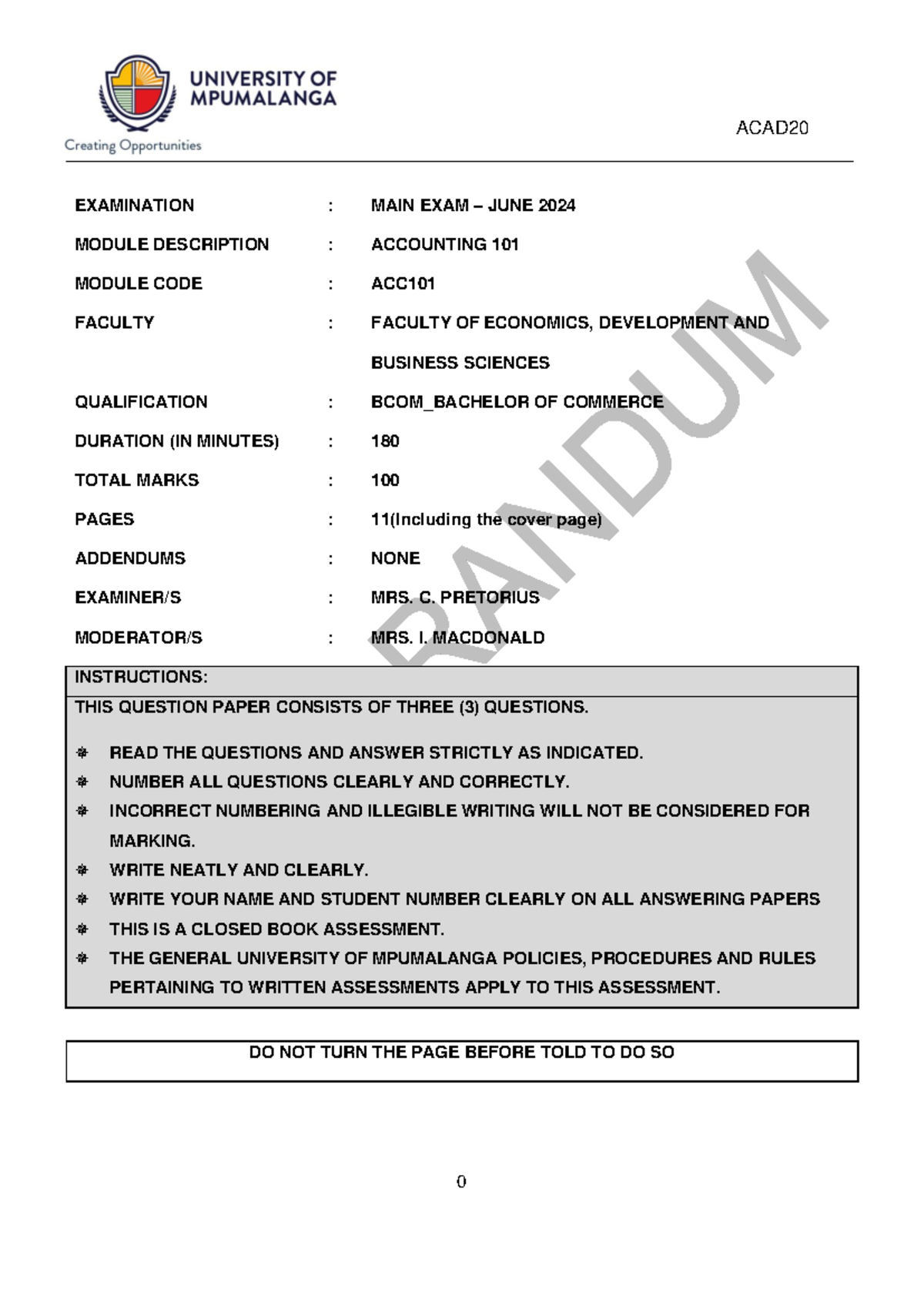 ACC101 Main Exam Memo June 2024: Accounting 101 Insights - Studocu
