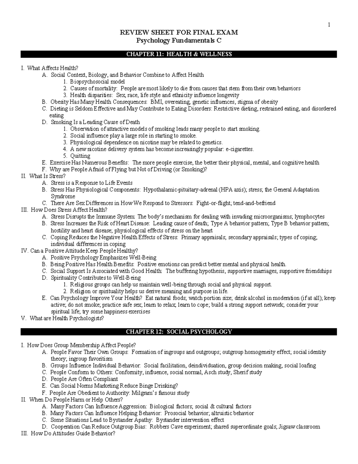 Final Exam Review Sheet for Psychology Fundamentals C (Health ...