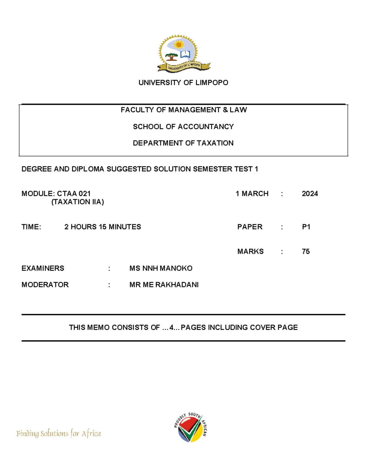 CTAA021 Semester Test 1 Memo 2024: Taxation IIA Solutions - Studocu