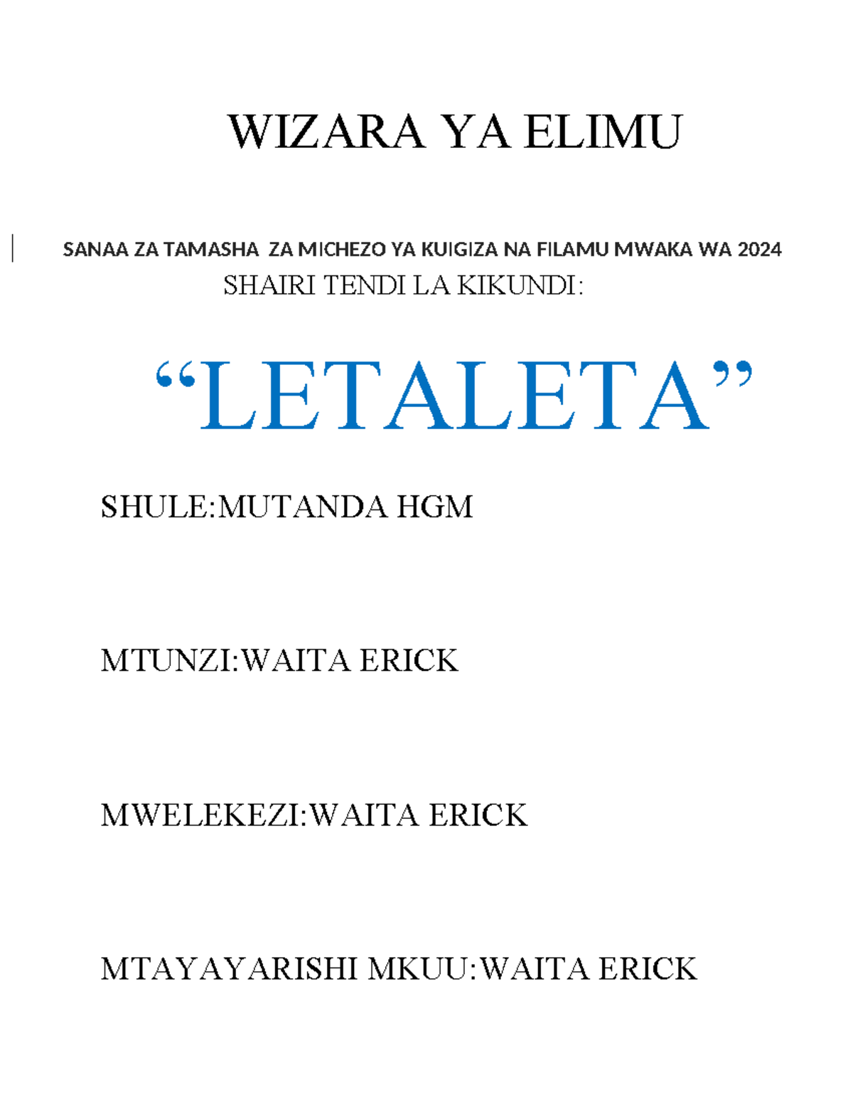 Wizara ya Elimu - Shairi Tendi La Kikundi: Letaleta 2024 Notes - Studocu