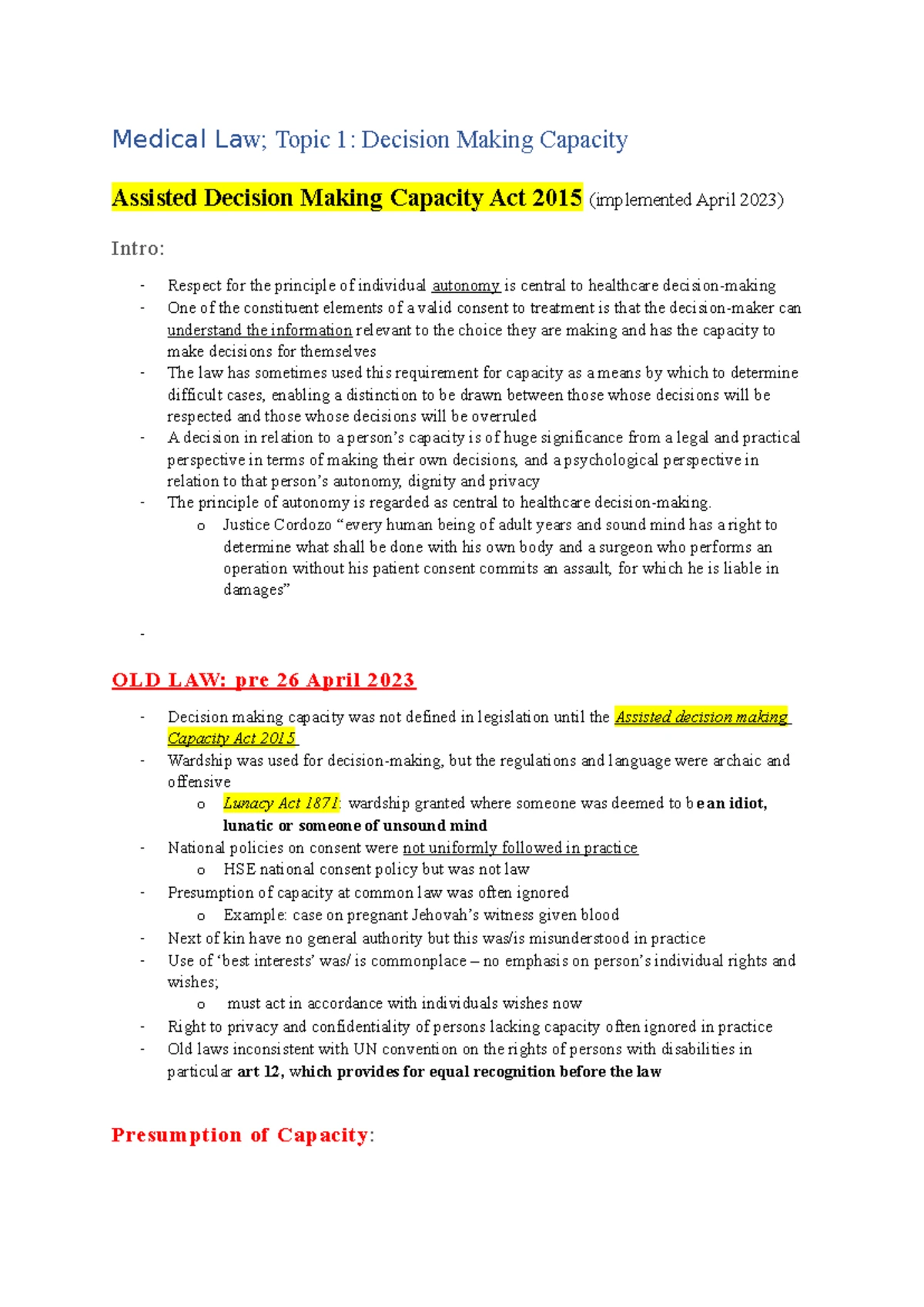 Med La W Decision Making Capacity Notes - Decision Making Capacity ...