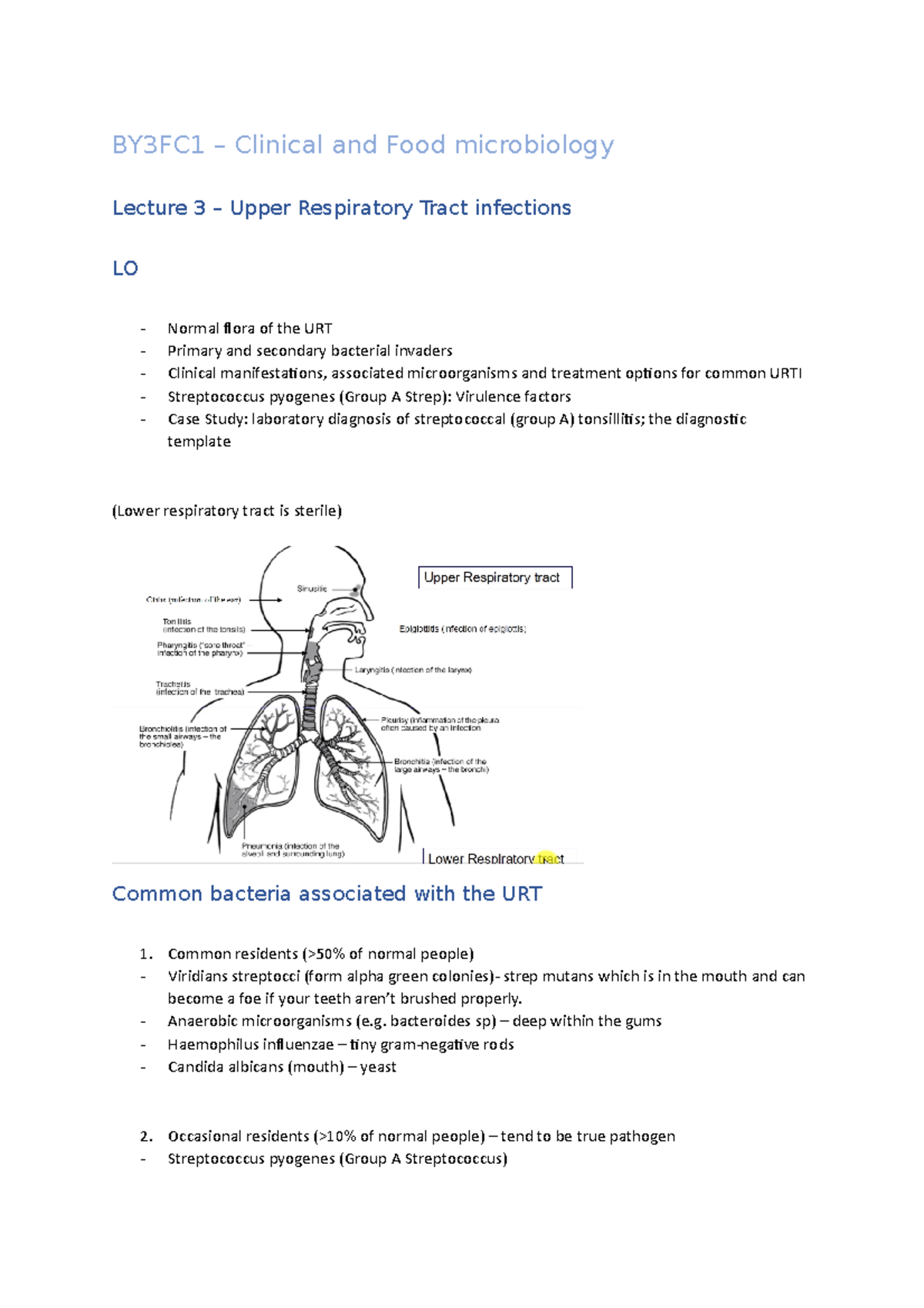 BY3FC1 Lecture 3: Upper Respiratory Tract Infections Overview - Studocu