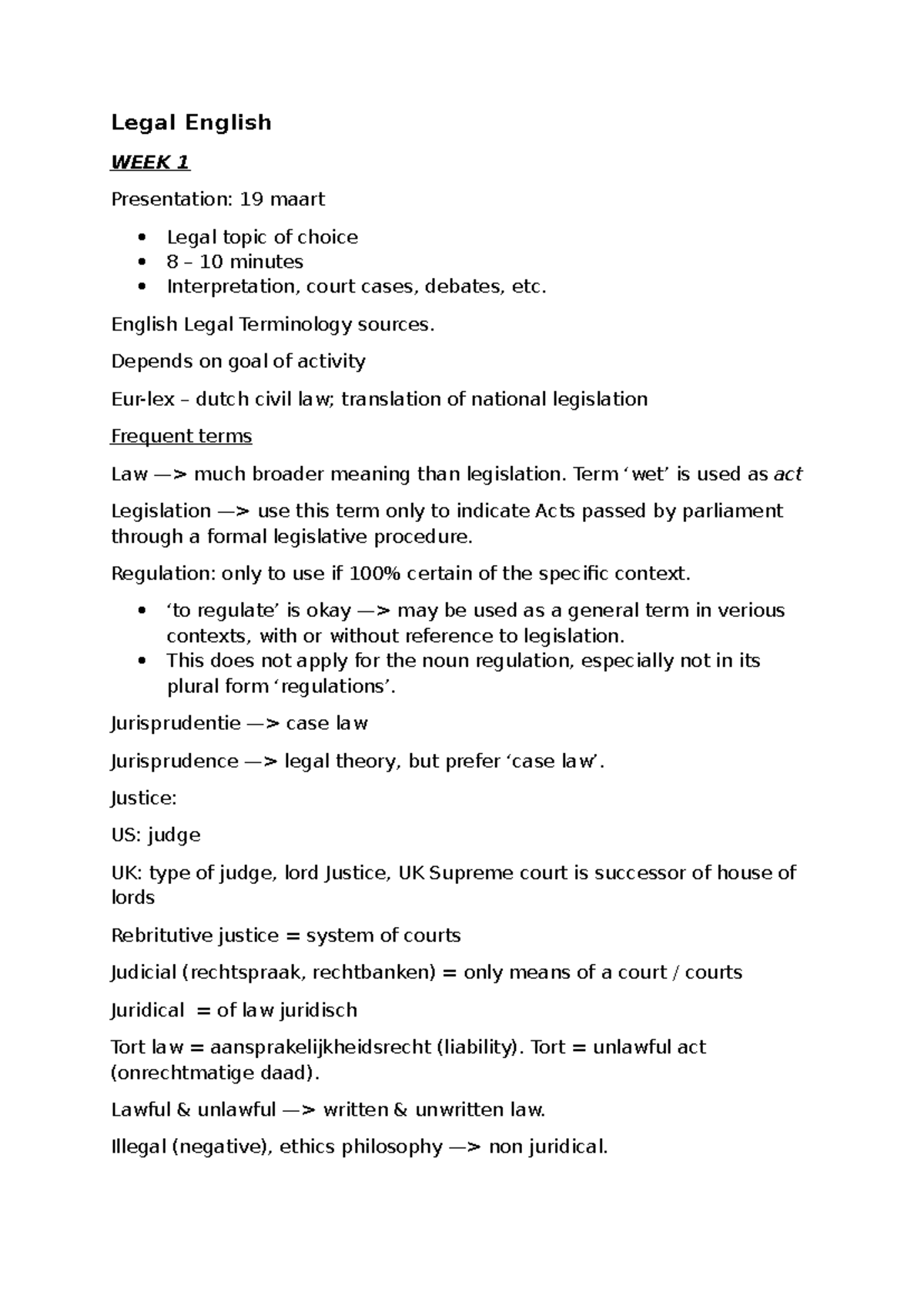 Legal English Notes - Week 1 Overview and Key Terminology - Studeersnel