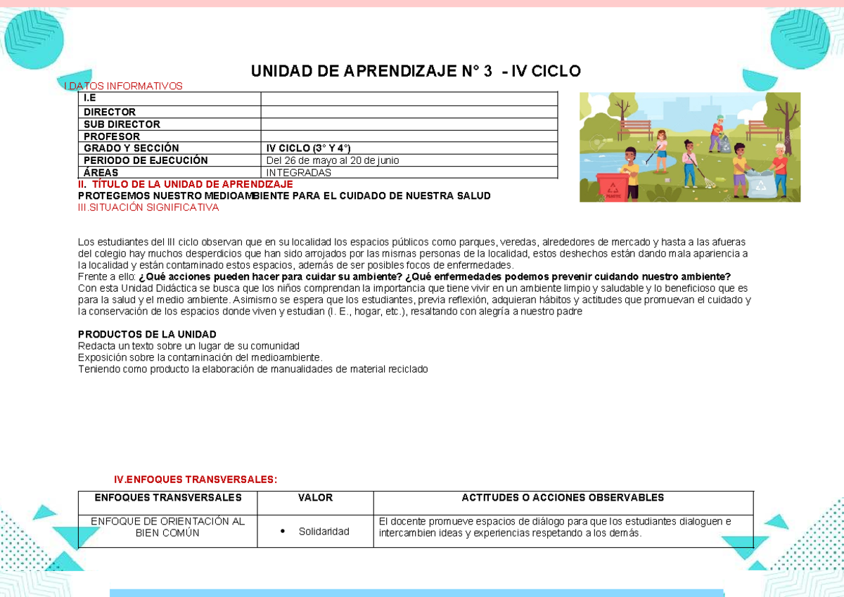 IV CICLO - UNIDAD 3: CUIDADO DEL MEDIO AMBIENTE Y SALUD - Studocu