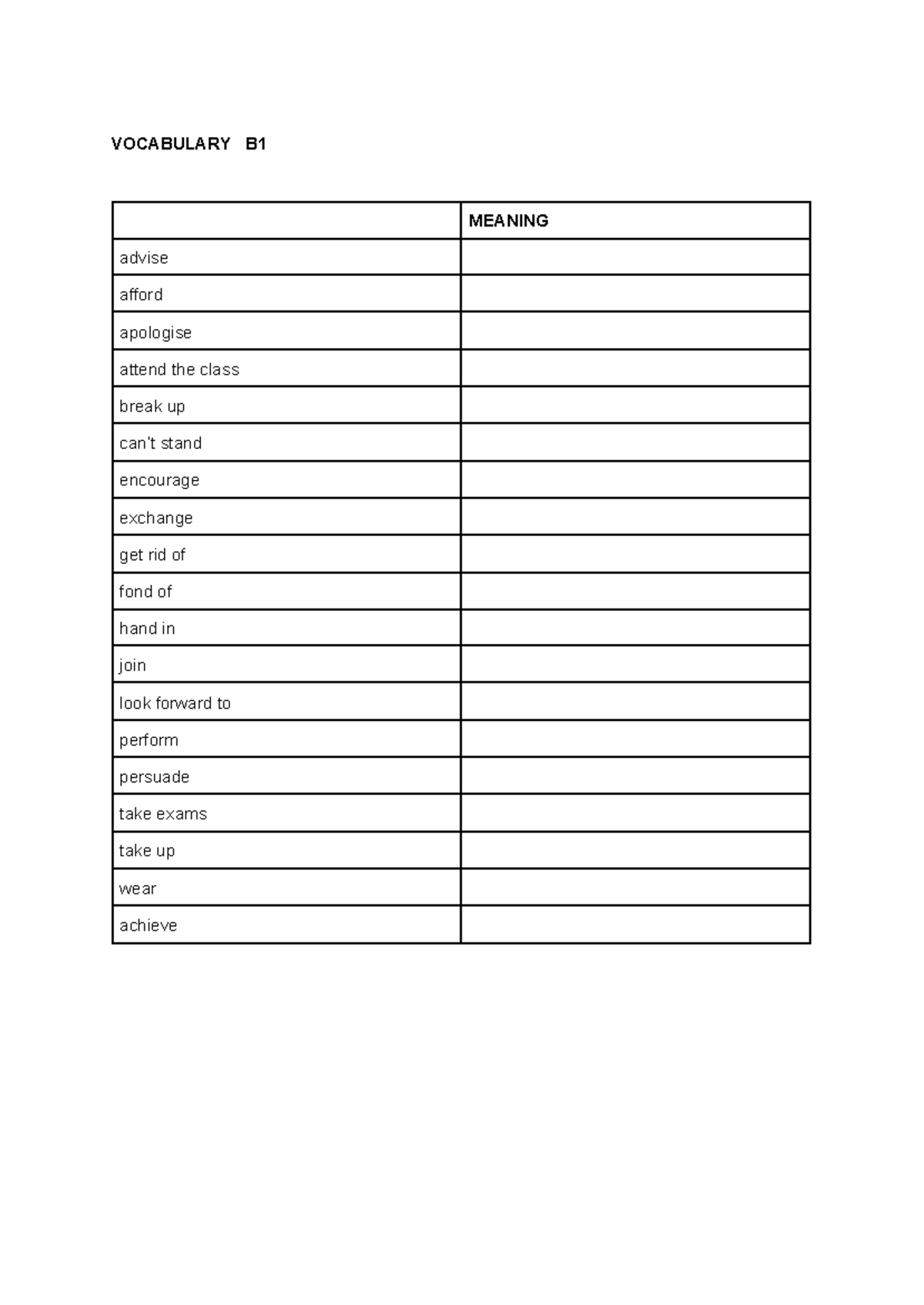 PET Verbs Vocabulary Practice - Unit 2 to Unit 8 - Studocu