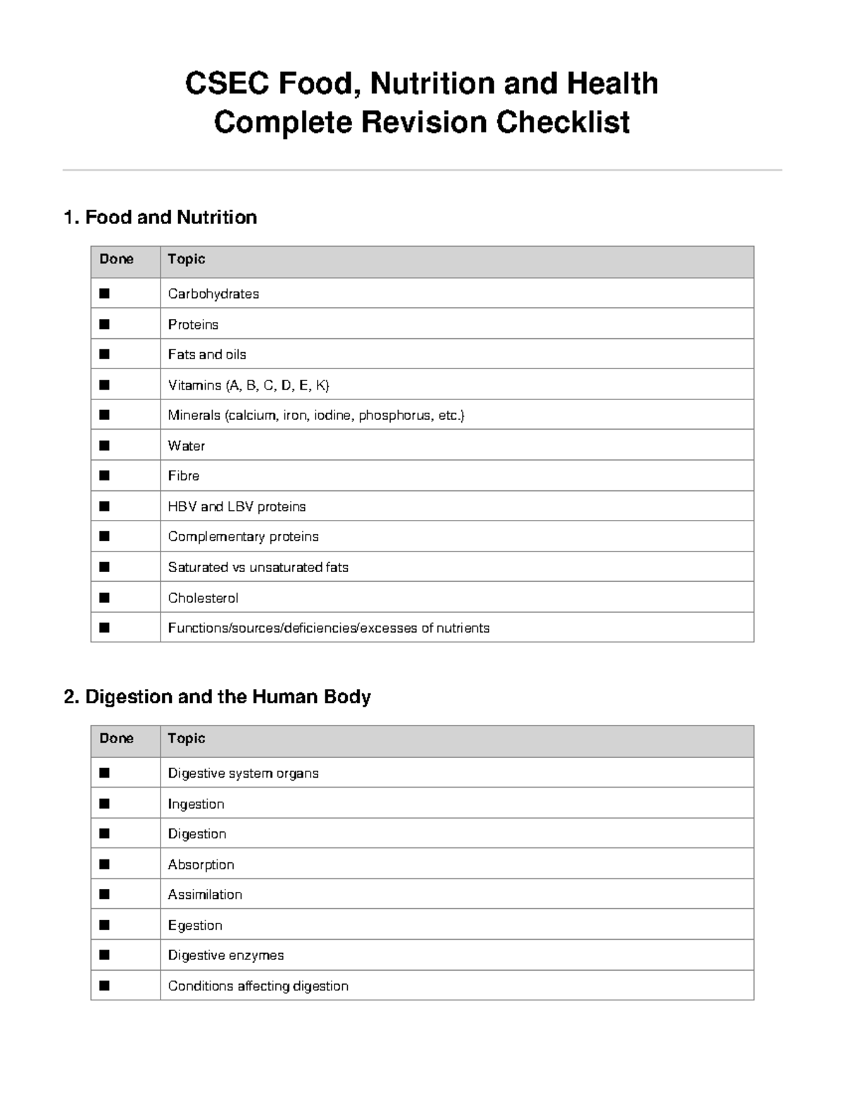 CSEC Food, Nutrition & Health Complete Revision Checklist - Studocu