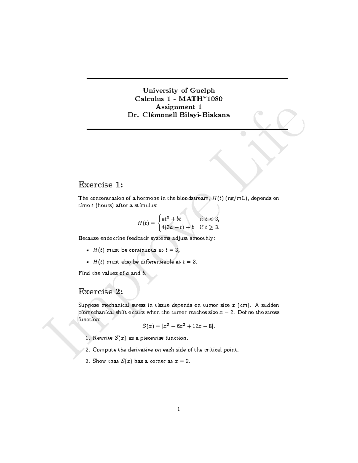 Li fe University of Guelph Calculus 1 Assignment 1 - HWK 2 Solutions ...