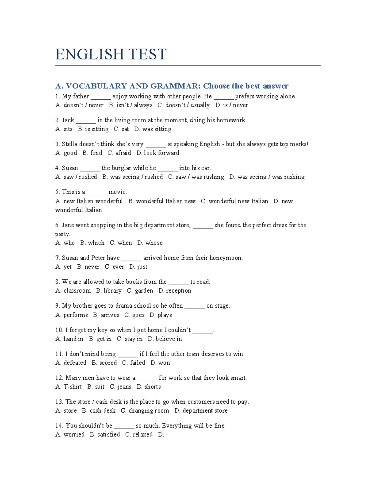 ENGLISH TEST A: VOCABULARY & GRAMMAR PRACTICE - Studocu