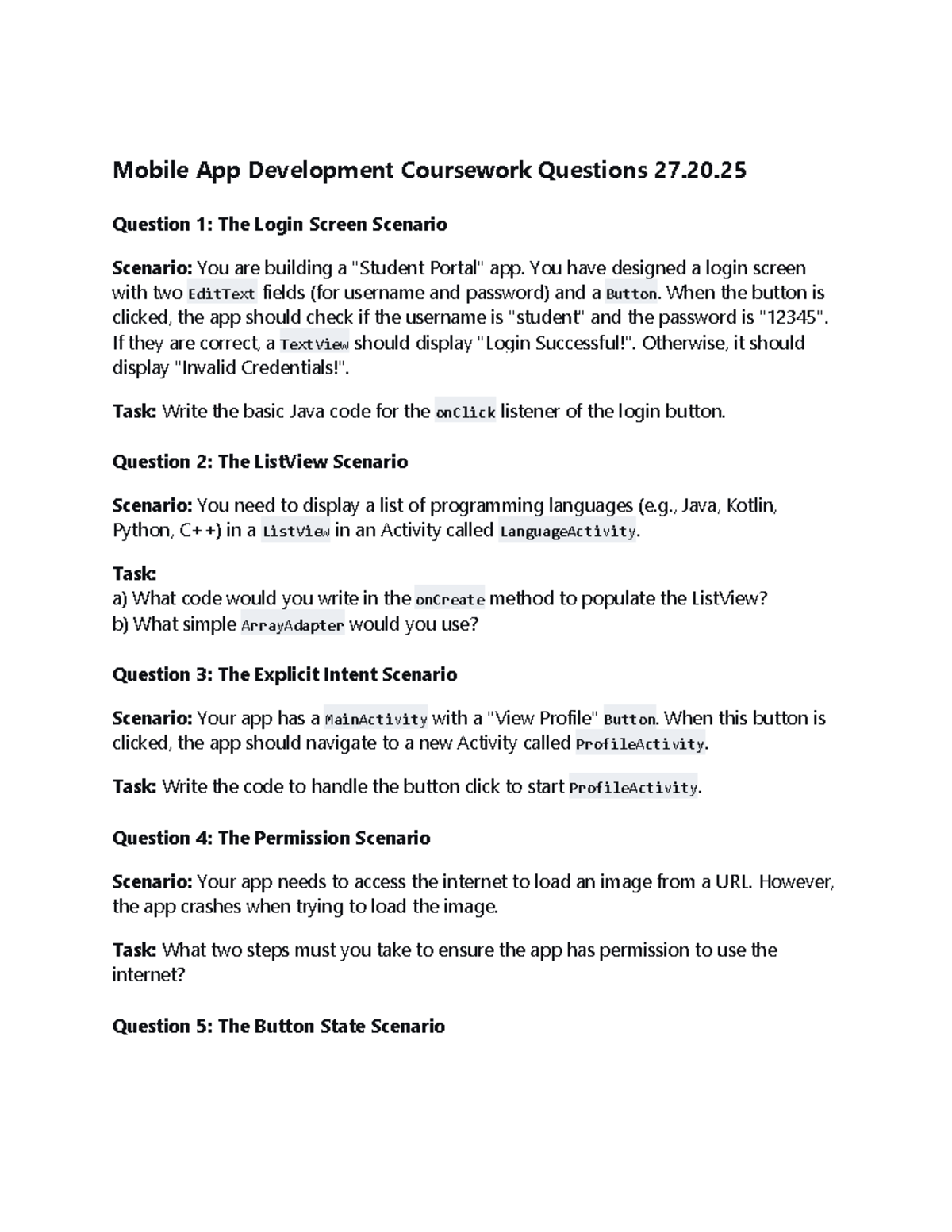 Mobile App Development Coursework Questions 27.20.25 - Studocu