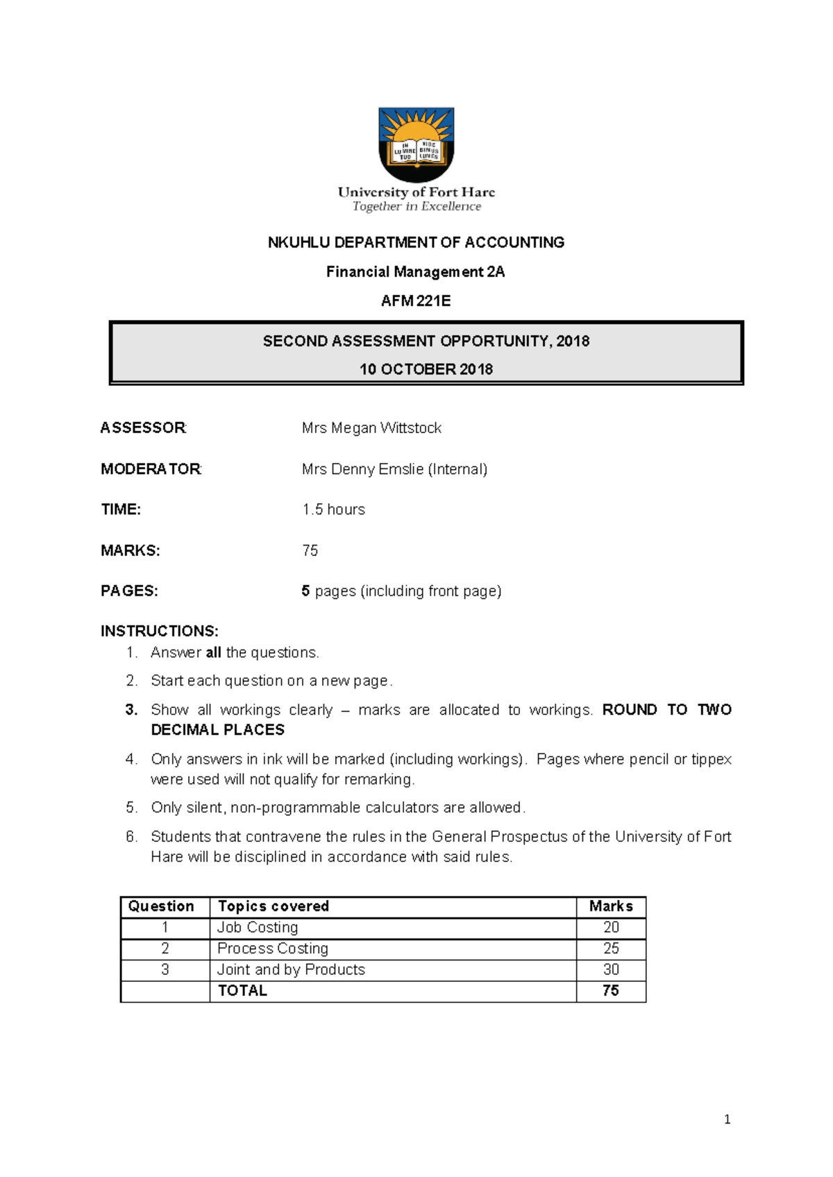 AFM221E Test Two 2018 - Financial Management 2A Question Paper - Studocu