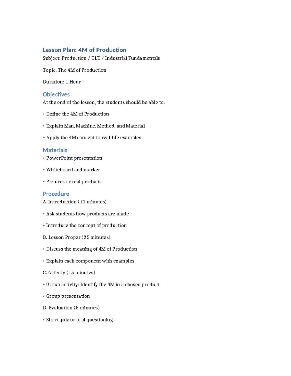 4M of Production Lesson Plan: TLE Industrial Fundamentals - Studocu