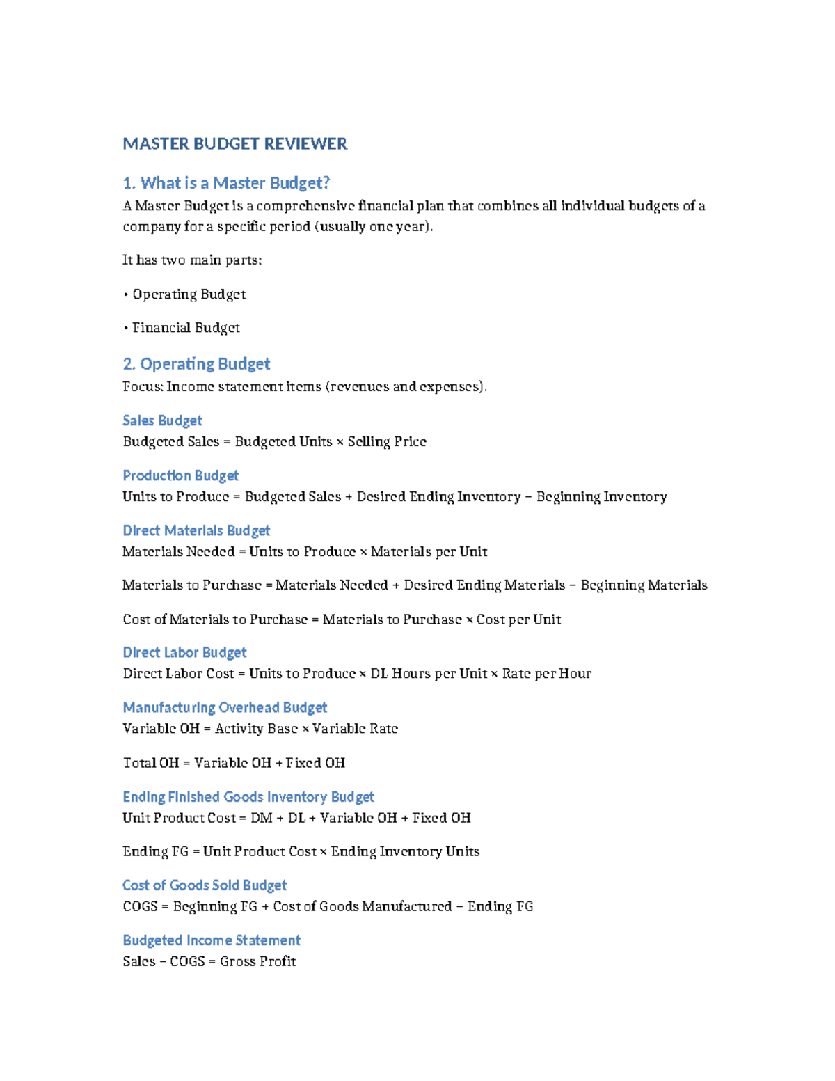 MASTER BUDGET REVIEWER: Comprehensive Financial Planning Guide - Studocu