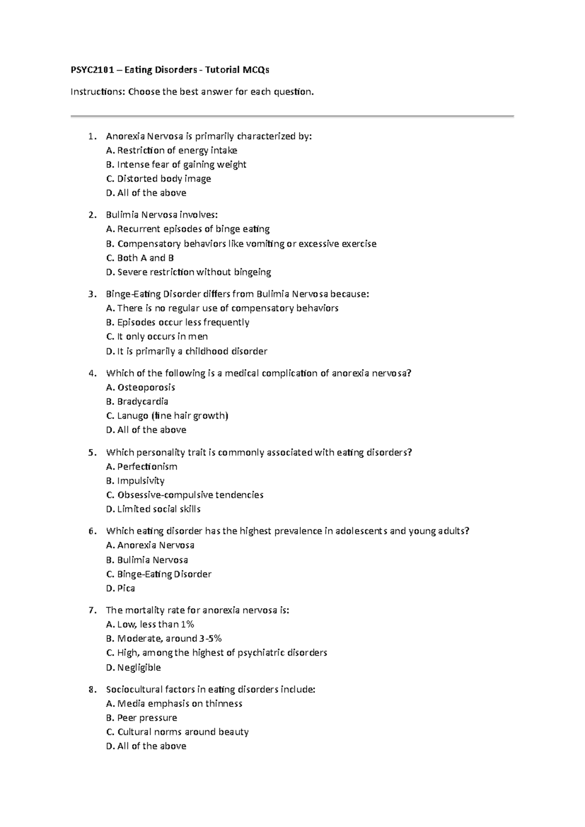 PSYC2101 Eating Disorders - Tutorial MCQs with Answers - Studocu