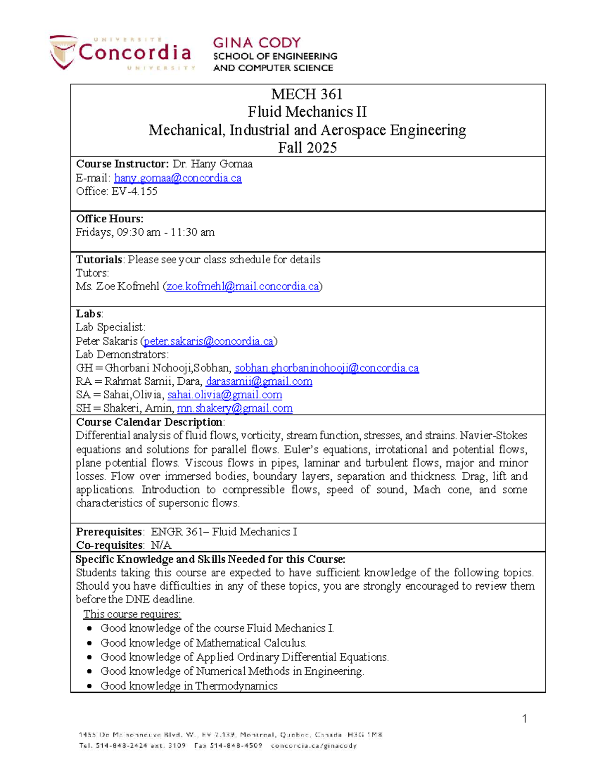 Course Outline for MECH 361: Fluid Mechanics II - Fall 2025 - Studocu
