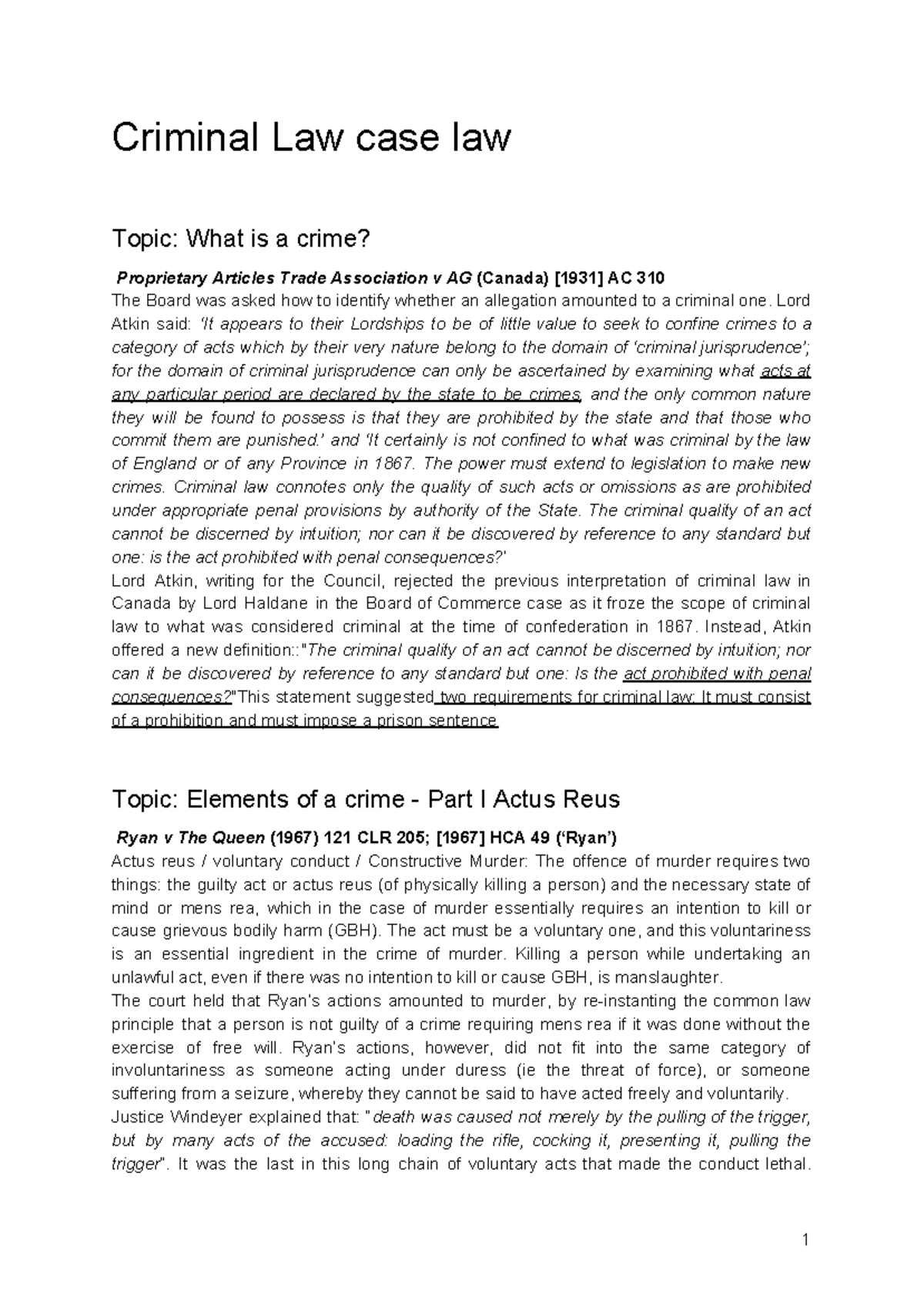 Cases Criminal LAW - Criminal Law case law Topic: What is a crime ...