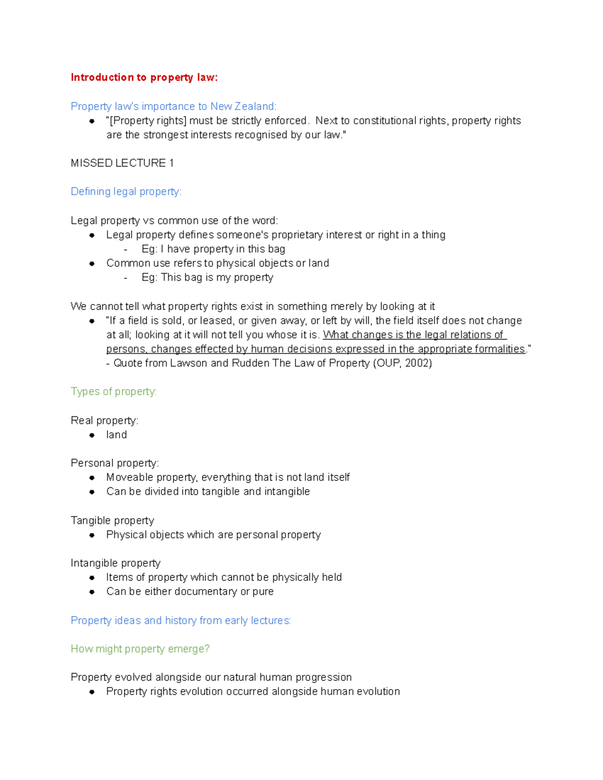 LAWS301 (Property) test 1 cheat sheet (general) - Introduction to ...