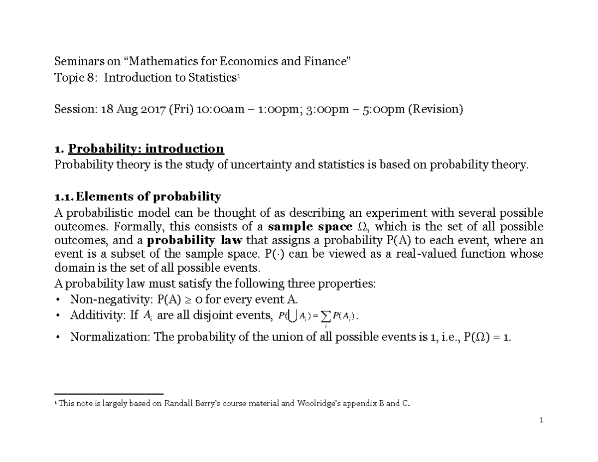 Mathematics for Economics and Finance: Topic 8 - Statistics Notes - Studocu