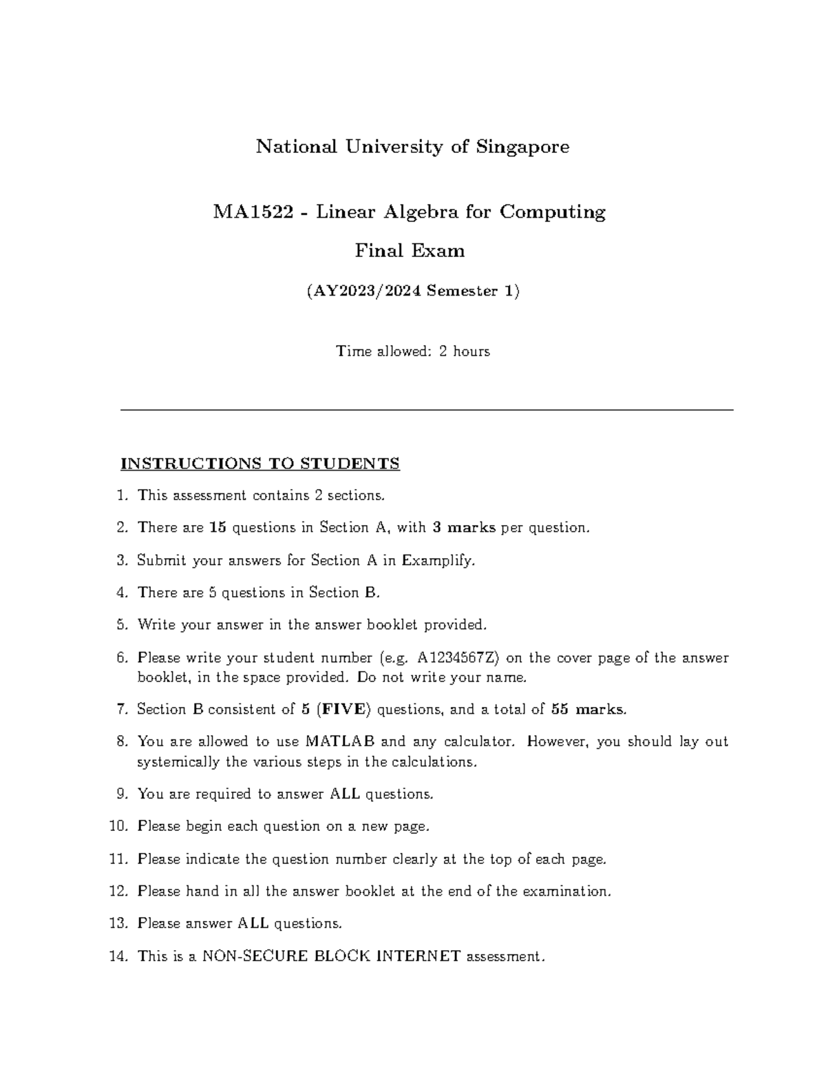 MA1522 Linear algebra for computing final exam solutions AY2324 Sem 1 ...