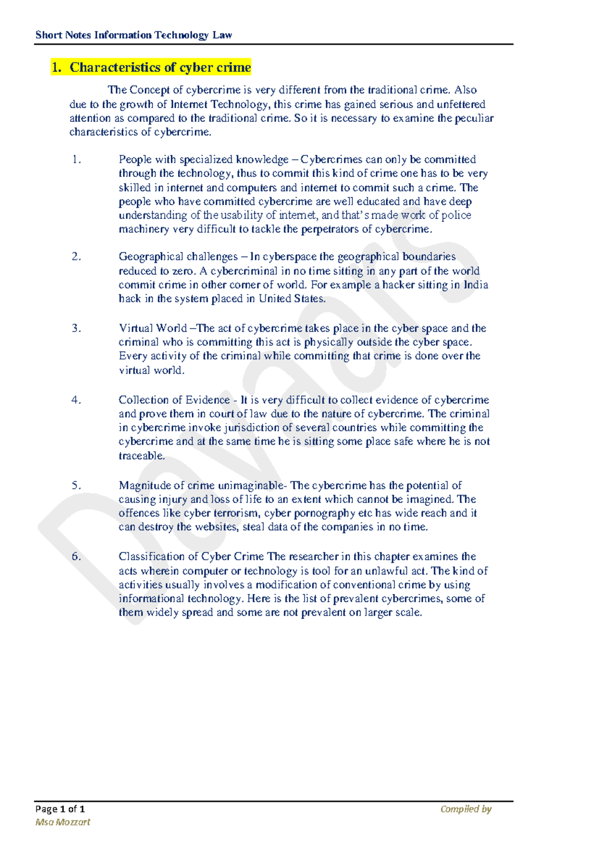 Information Technology Law Characteristics of cyber crime - Short Notes ...