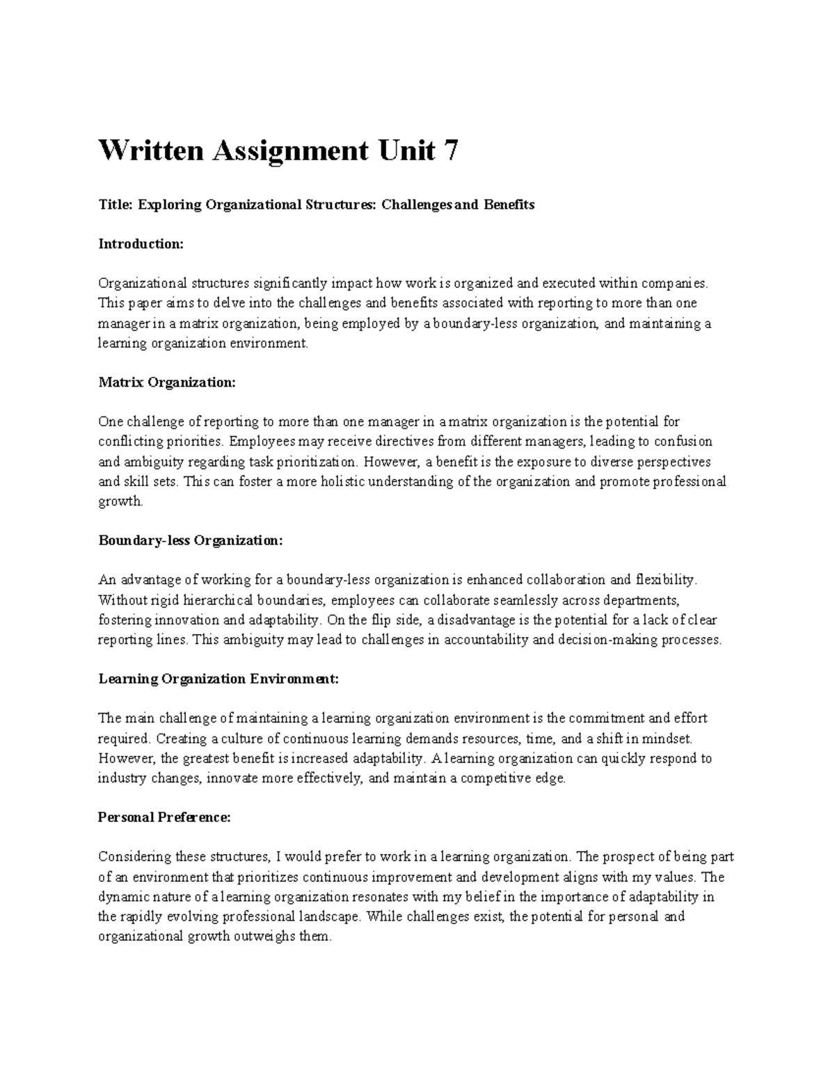 Unit 7 Written Assignment: Challenges & Benefits of Org Structures ...