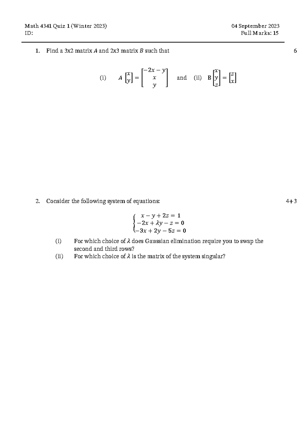 Math 4341 Quiz 1 Practice Materials (Winter 2023) - Studocu