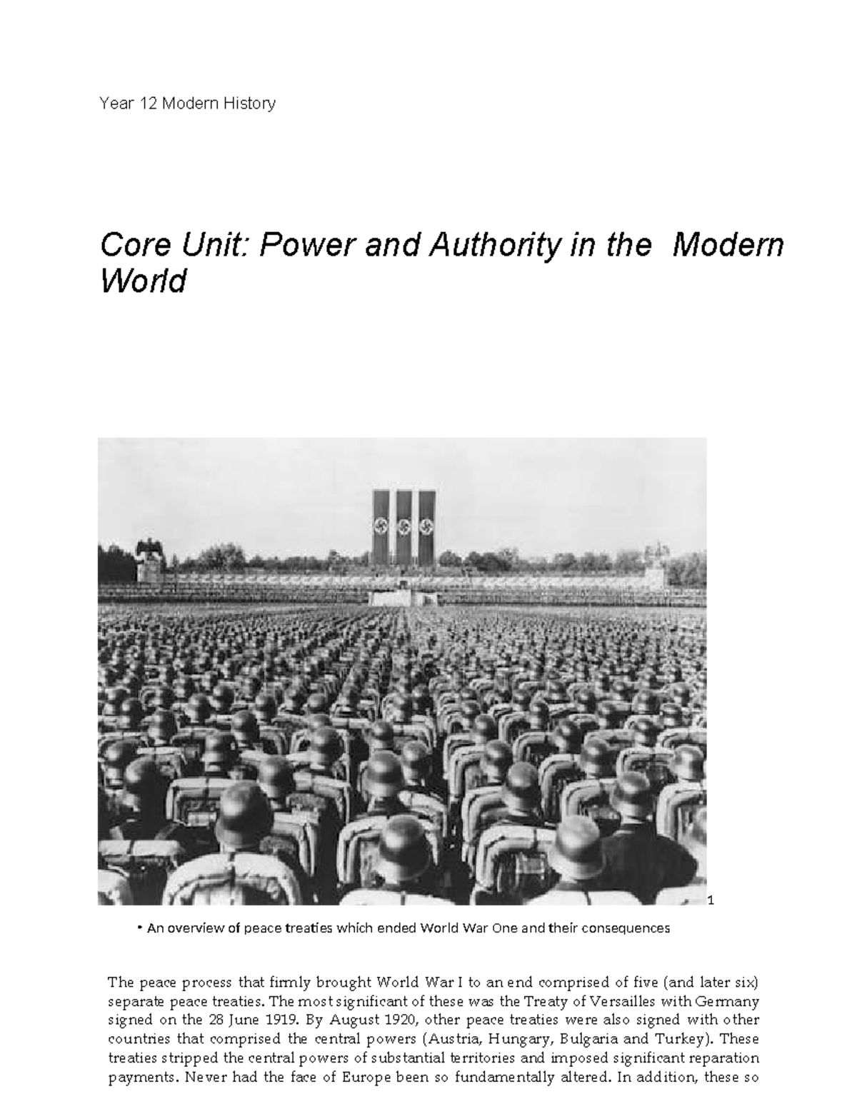 Year 12 Modern History Core Study: Power & Authority Post WWI Treaties ...