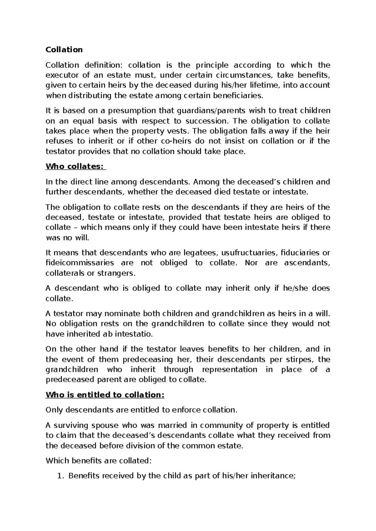Collation Notes for Estate Distribution (Course Code: COL 2025) - Studocu
