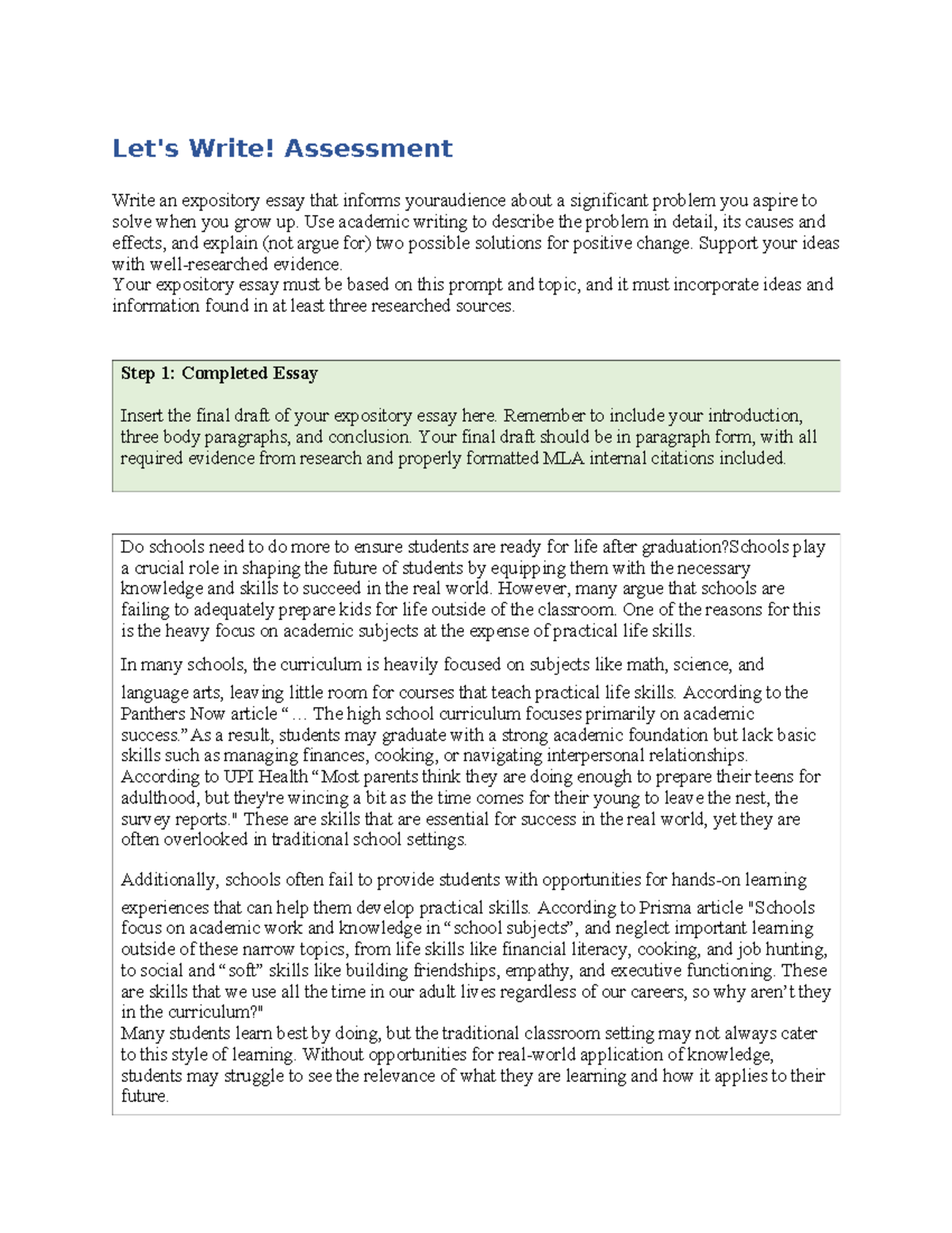 0307 - Expository Essay: Preparing Students for Life After Graduation ...