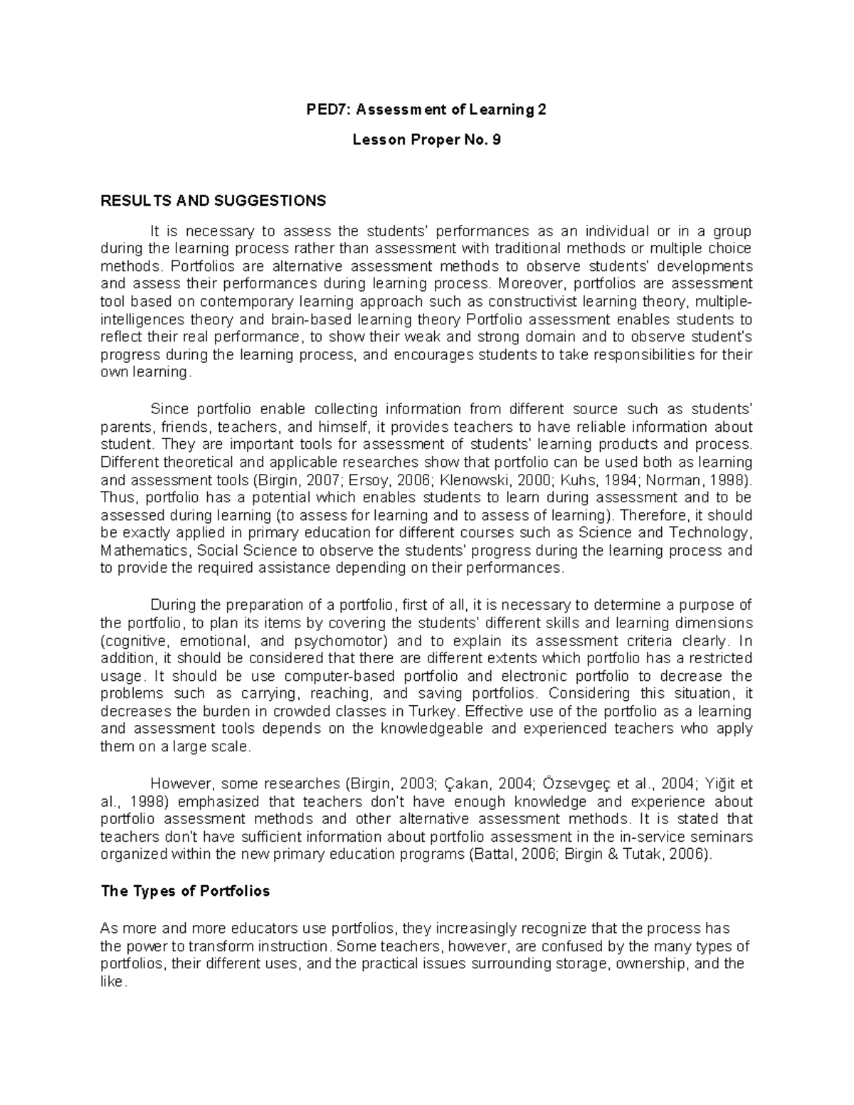 PED7: Assessment of Learning 2 - Lesson Proper No. 9 Insights ...