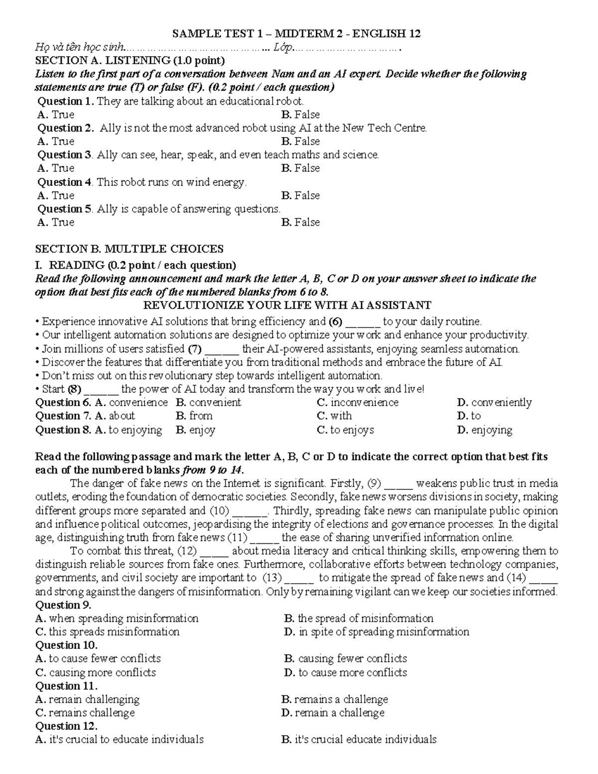 Sample Test 1 Midterm 2 English 12 - Listening & Reading - Studocu