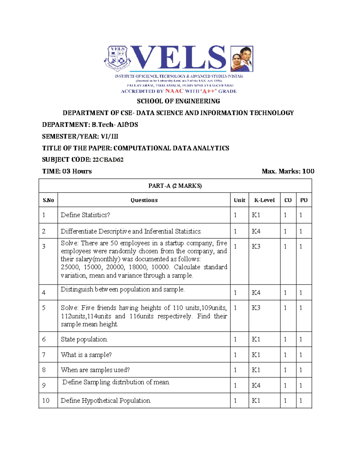 22CBAD62 - Computational Data Analytics Question Bank - Studocu