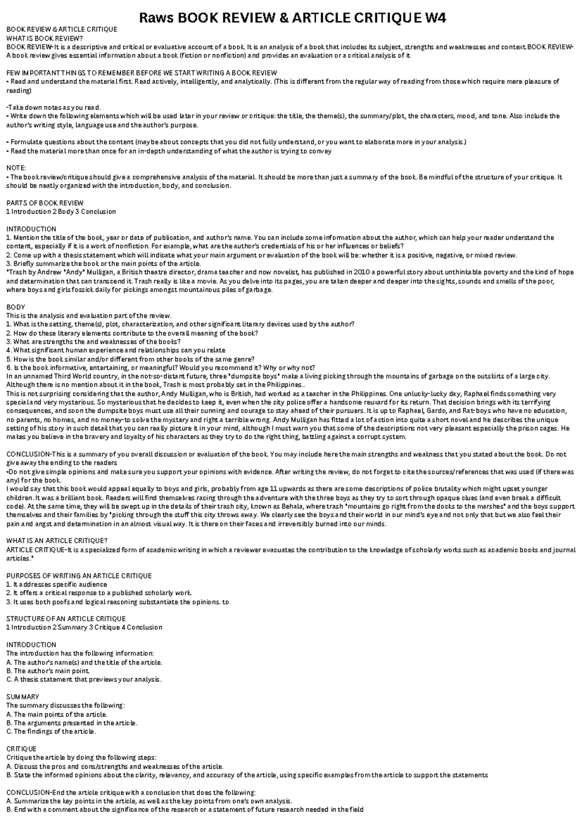 BOOK Review & Article Critique Raws - Raws BOOK REVIEW & ARTICLE ...