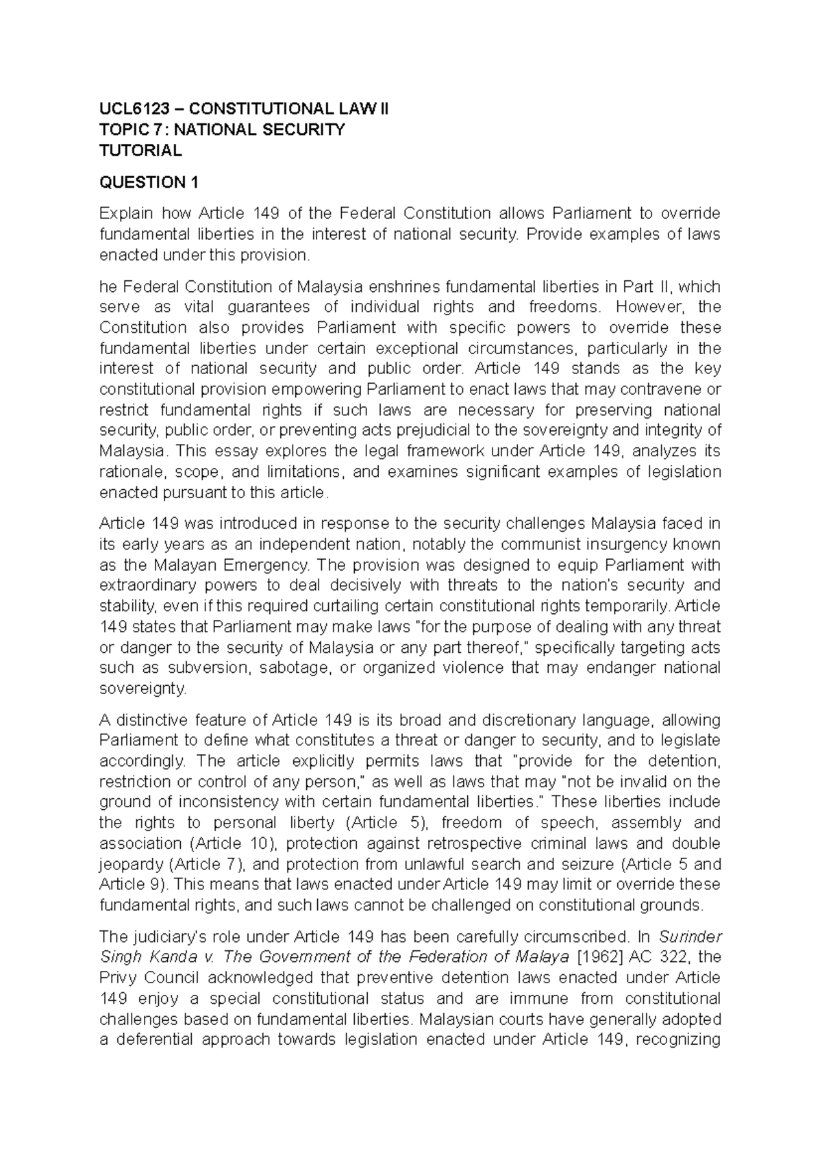 UCL6123 Constitutional Law II: Article 149 & National Security Analysis ...