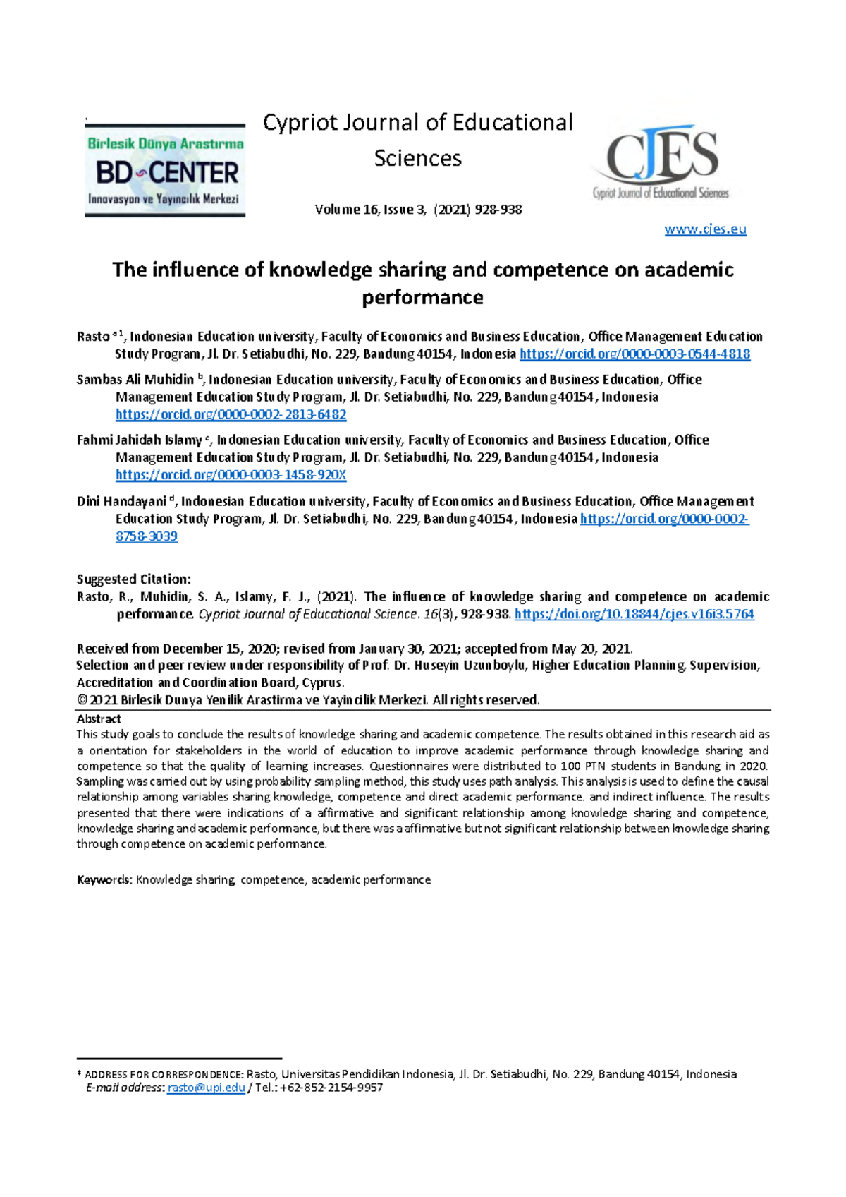 The Influence of Knowledge Sharing and Competence on Academic ...