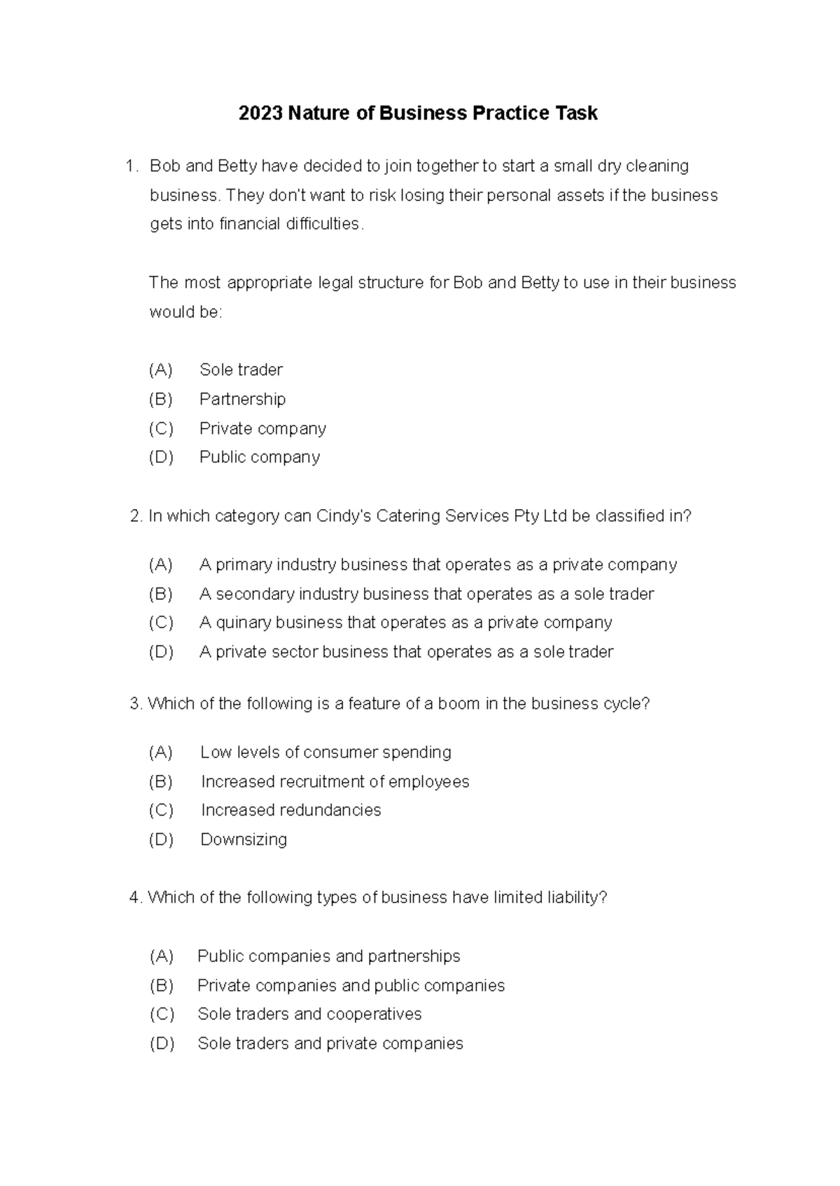 Business Studies - Finance Questions - Penrith - Studocu