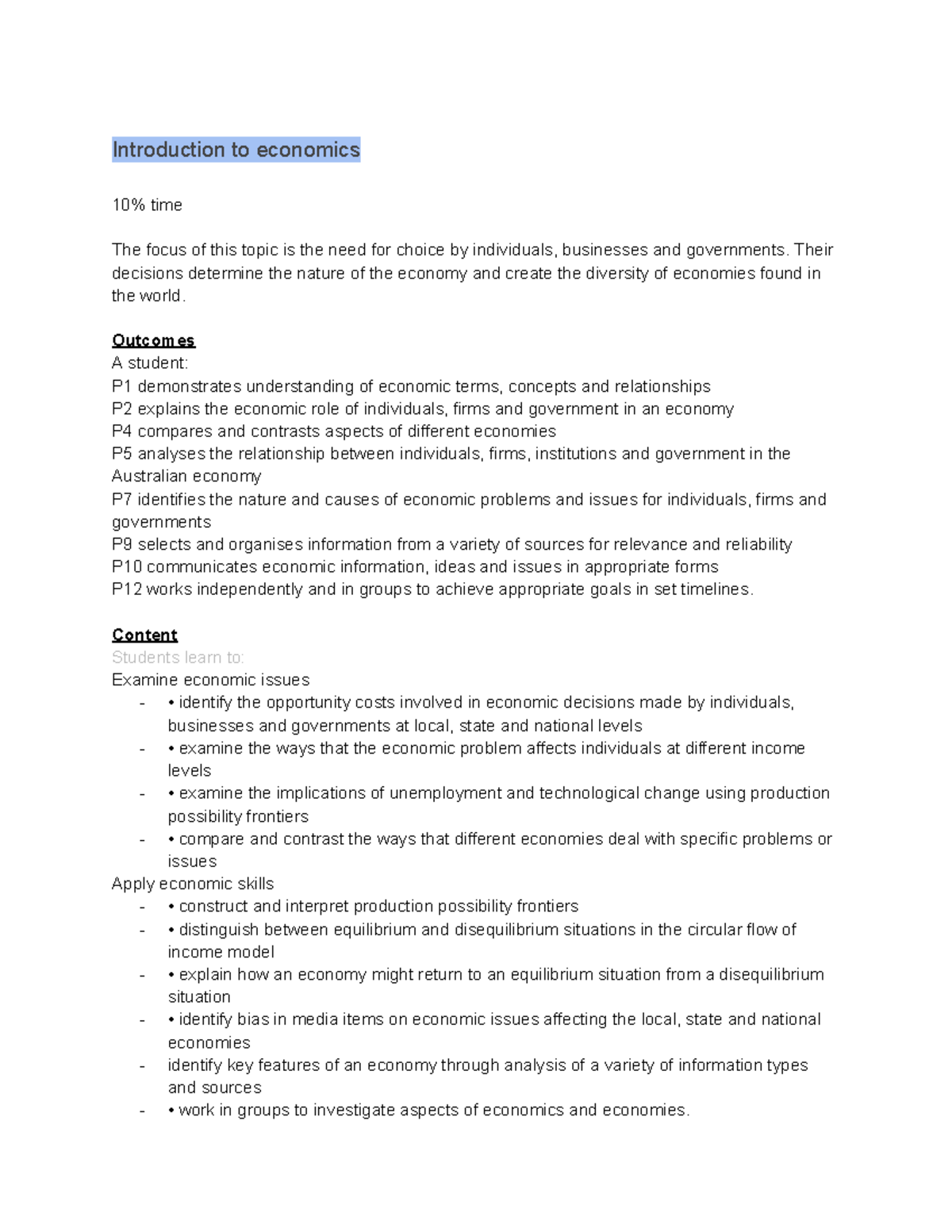 Economics Year 11 Topic 1 - Preliminary Notes on Economic Choices and ...