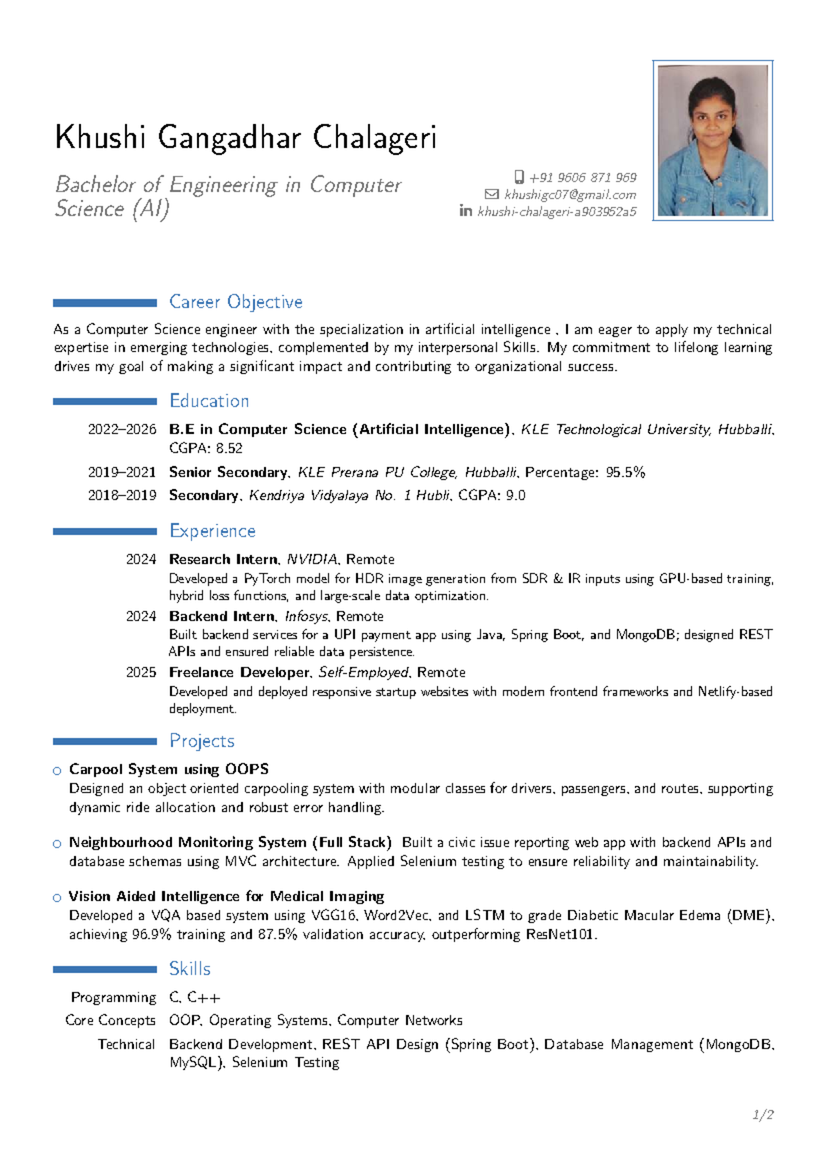 Khushi Gangadhar Chalageri's Resume - B.E. in Computer Science (AI ...