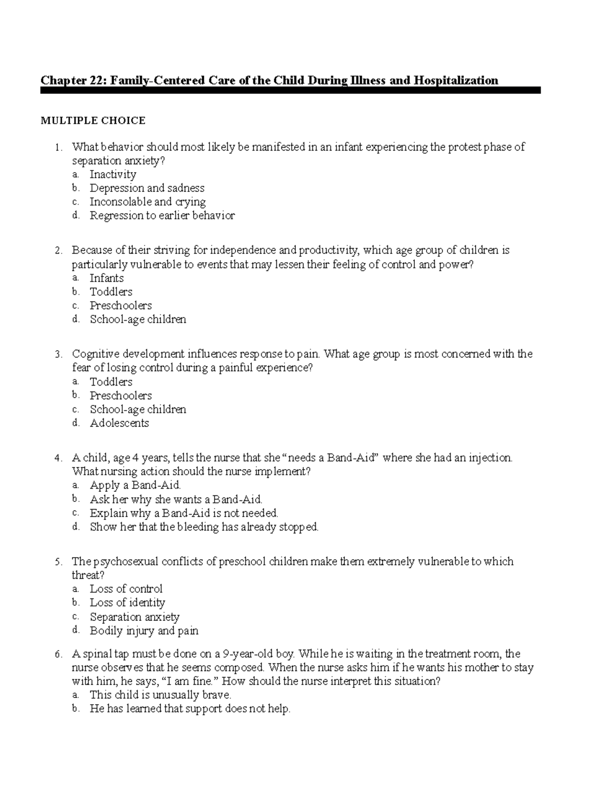 Chapter 22: Family-Centered Care Practice Test Questions - Studocu